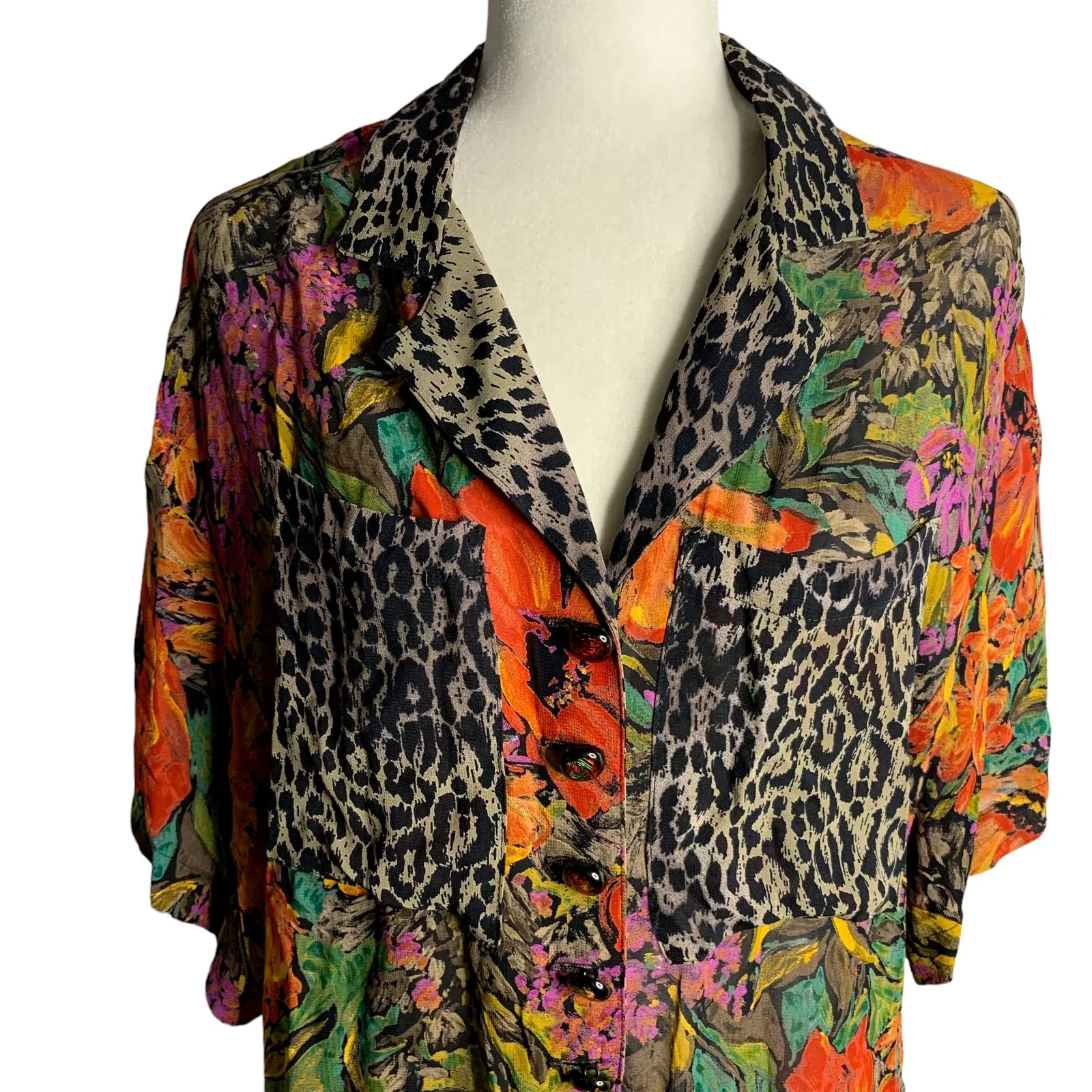 Vintage 90s Sheer Button Up Shirt Pants Set L Floral Leopard Short Sleeve by Platinum - Image 3