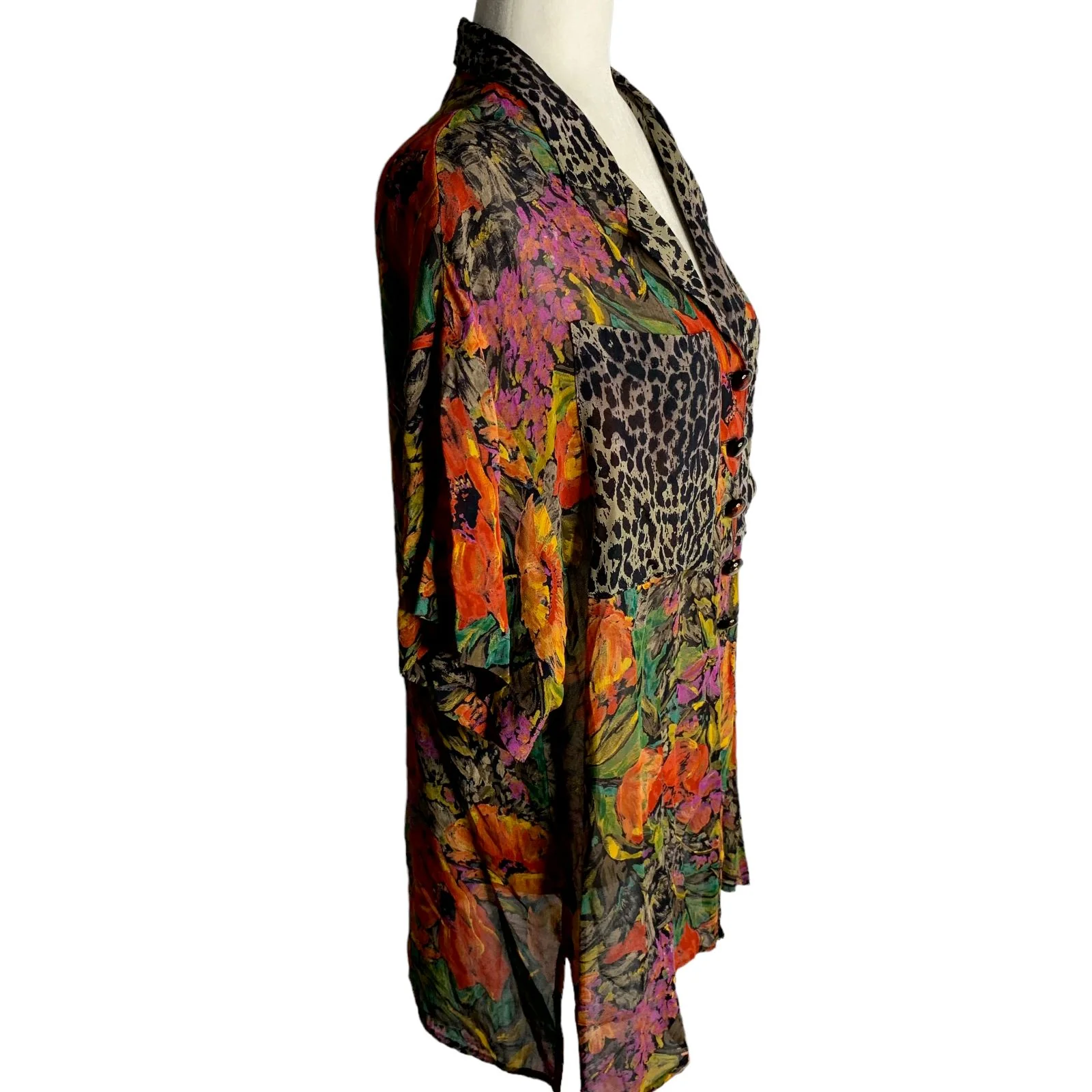 Vintage 90s Sheer Button Up Shirt Pants Set L Floral Leopard Short Sleeve by Platinum - Image 4
