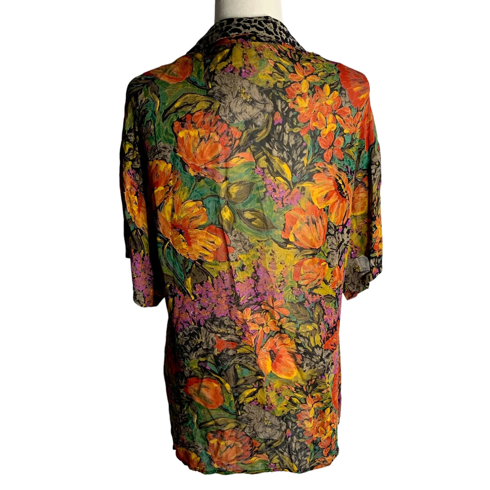 Vintage 90s Sheer Button Up Shirt Pants Set L Floral Leopard Short Sleeve by Platinum - Image 5