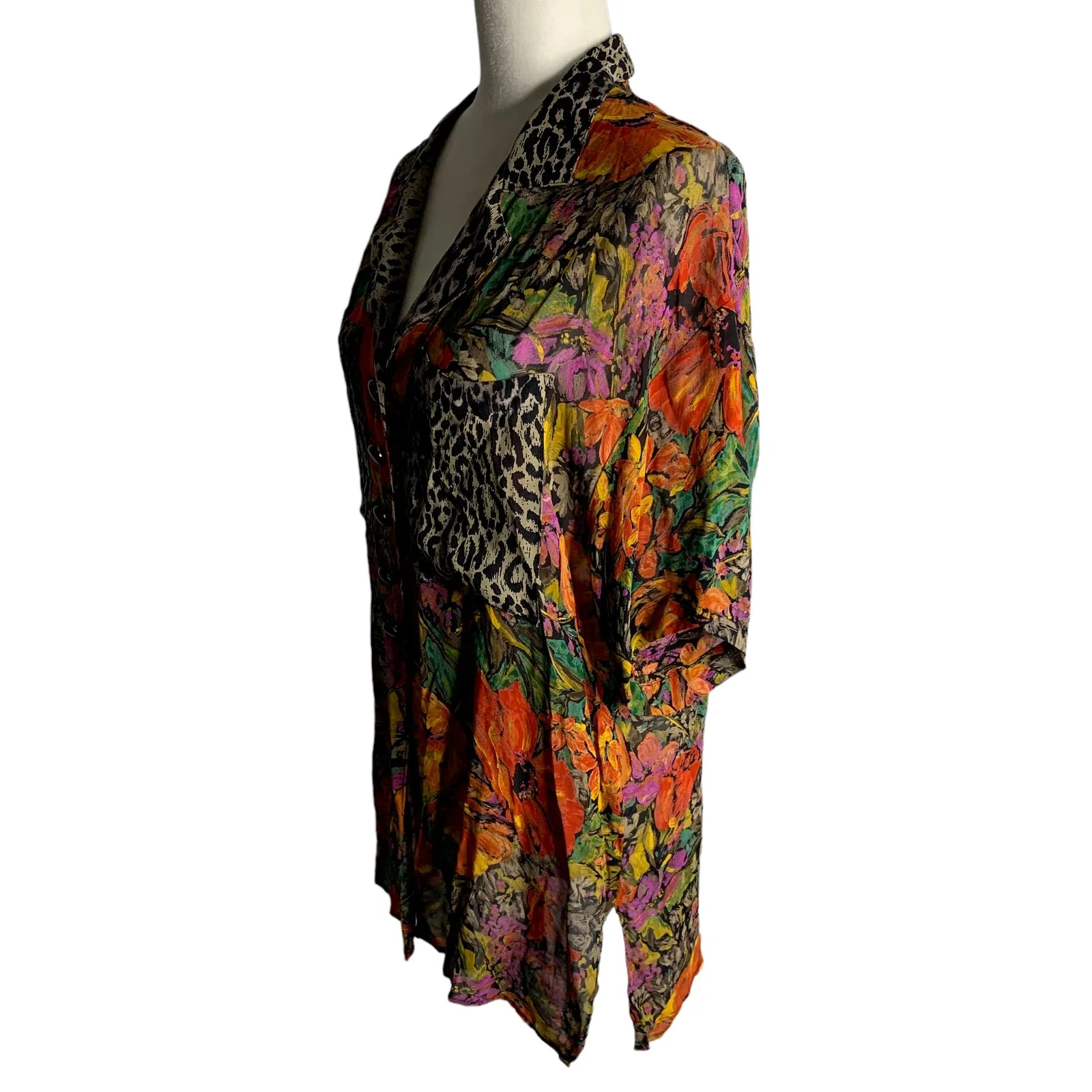 Vintage 90s Sheer Button Up Shirt Pants Set L Floral Leopard Short Sleeve by Platinum - Image 6