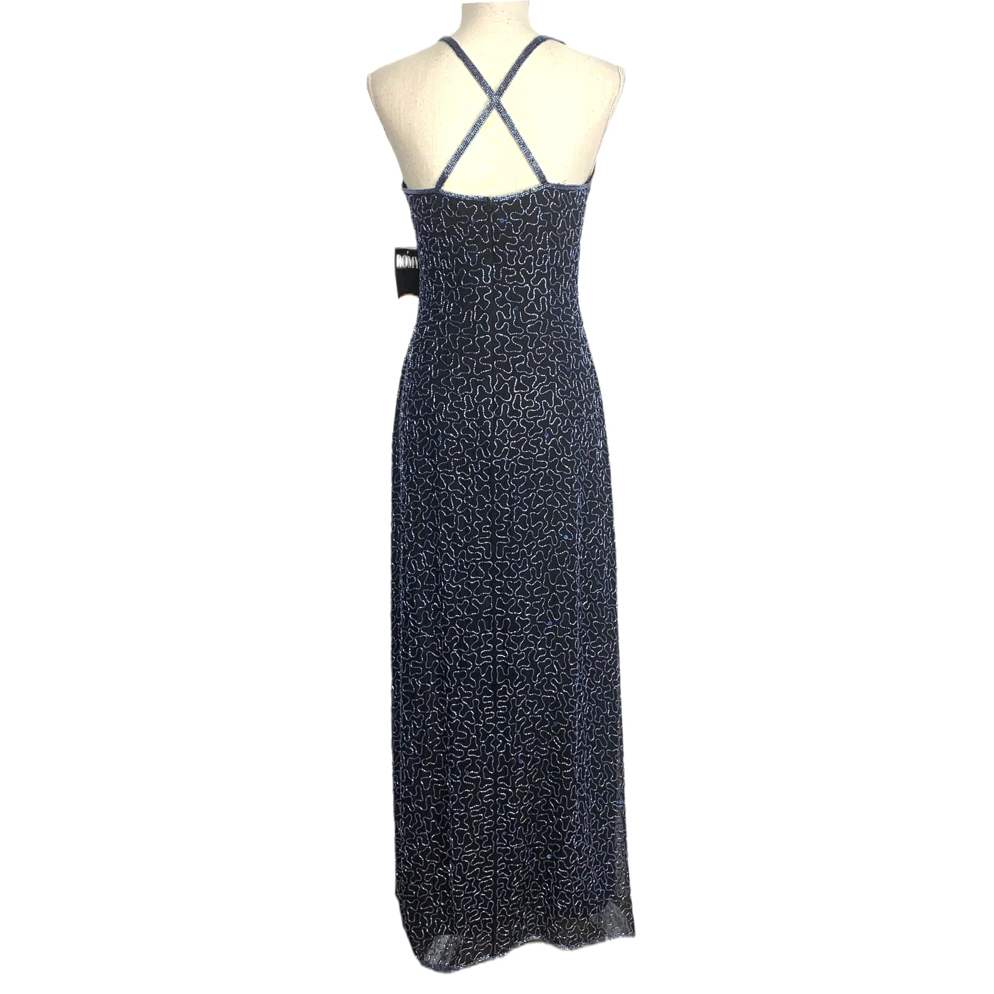 Vintage 90s Silk Beaded Formal Crisscross Back Full Length Dress by Romy Scala - Image 3