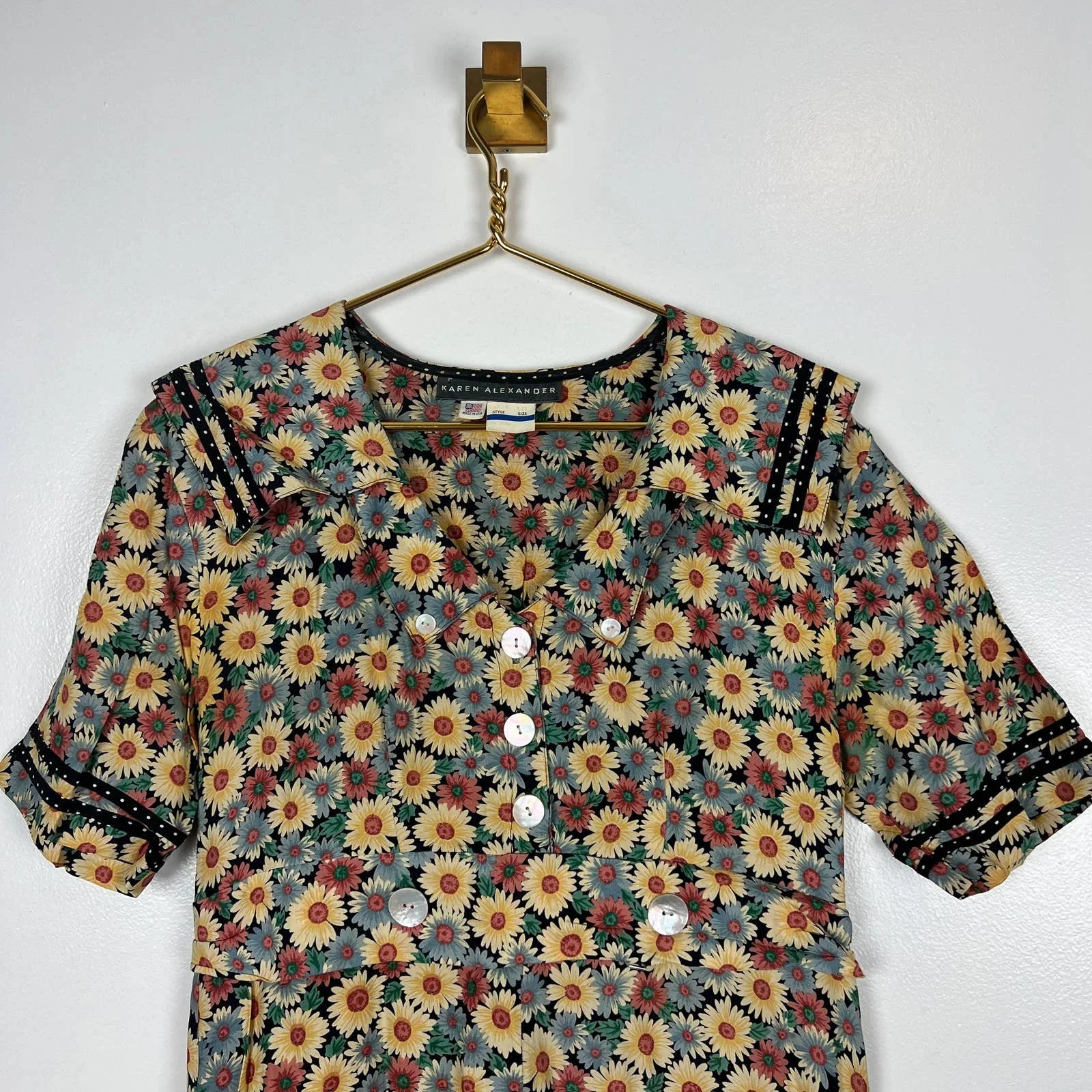 Vintage 90s Sunflower Button Front Midi Dress Tie Back Sz 10 by Karen Alexander - Image 3