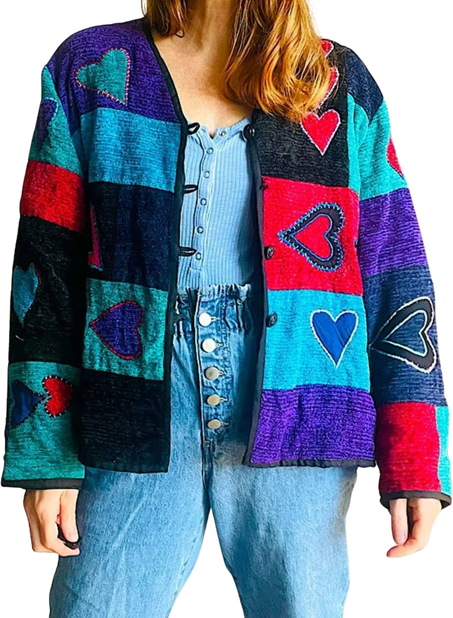 Vintage 90s Tapestry Jacket Novelty Heart Print Purple Red Large Made In India by Alex