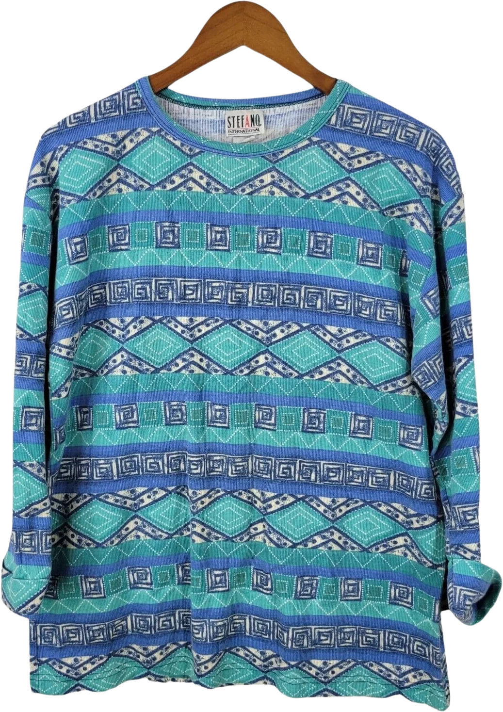 Vintage 90s Thermal Waffle Weave Knit Top Size Large Geometrical Layering Blue Green by Stefano