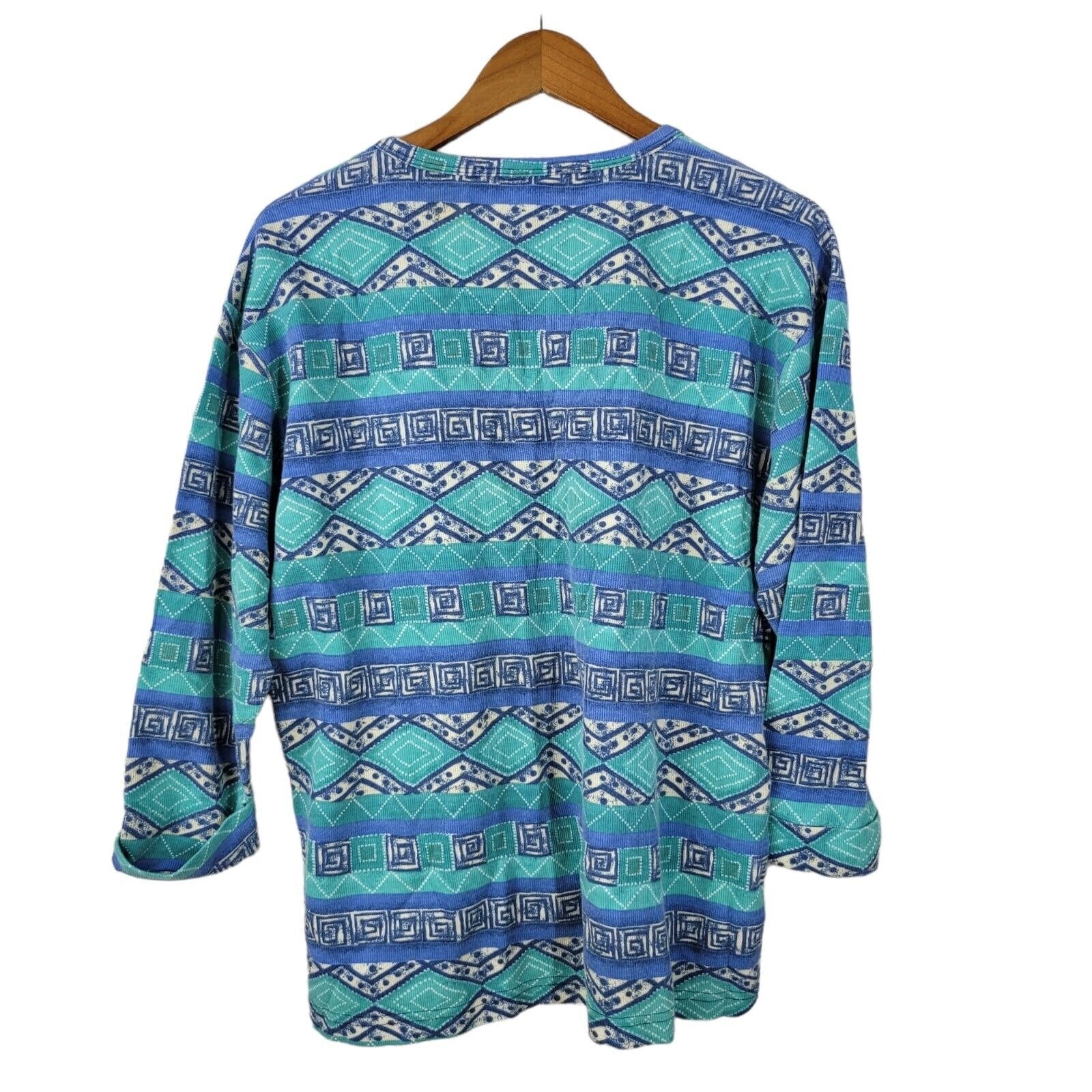 Vintage 90s Thermal Waffle Weave Knit Top Size Large Geometrical Layering Blue Green by Stefano - Image 2