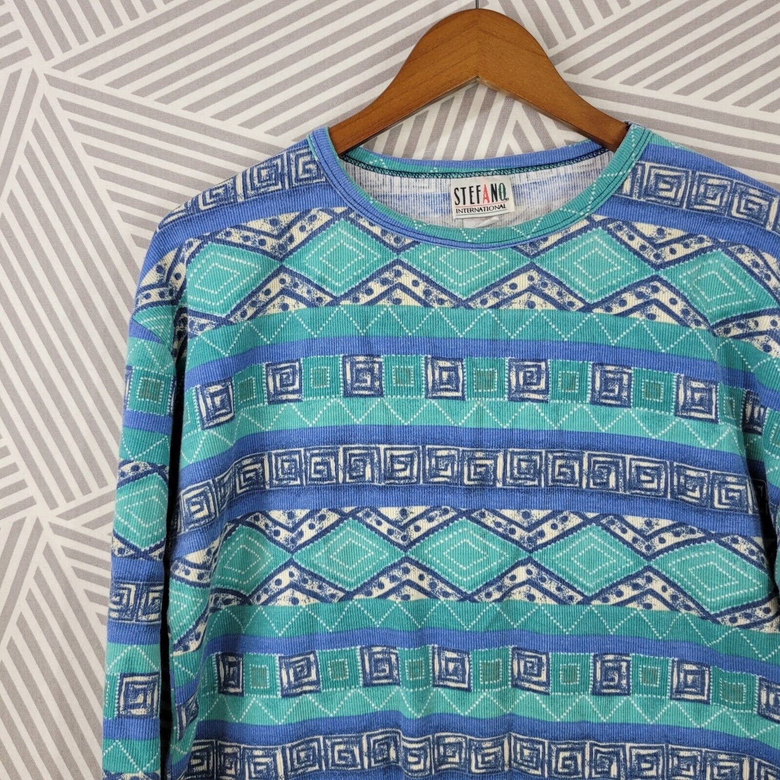 Vintage 90s Thermal Waffle Weave Knit Top Size Large Geometrical Layering Blue Green by Stefano - Image 3