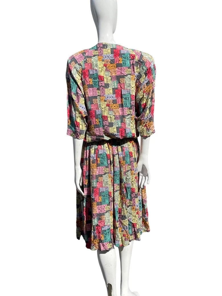 Vintage 90s Ticket Stubs Novelty Print Drop Waist Dress Size 12 Silk Dress Pleated by Nicole Miller Nyc - Image 2