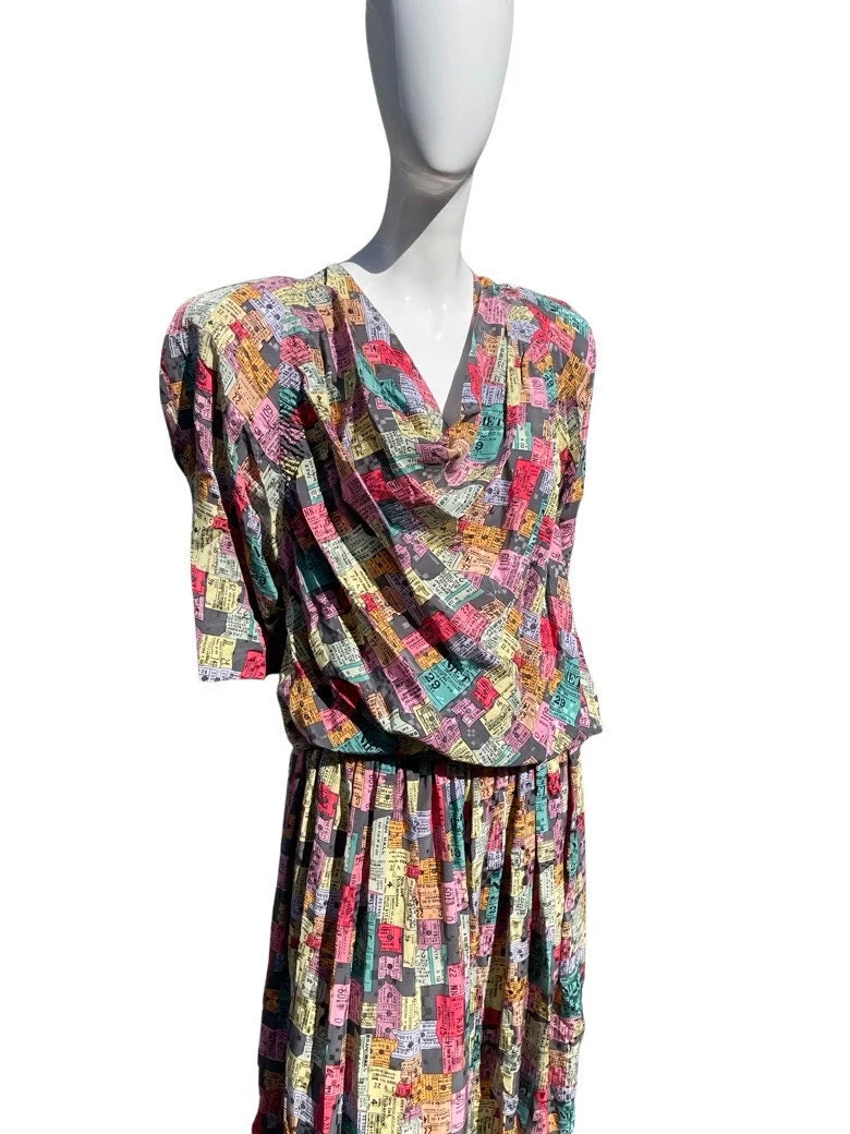Vintage 90s Ticket Stubs Novelty Print Drop Waist Dress Size 12 Silk Dress Pleated by Nicole Miller Nyc - Image 3