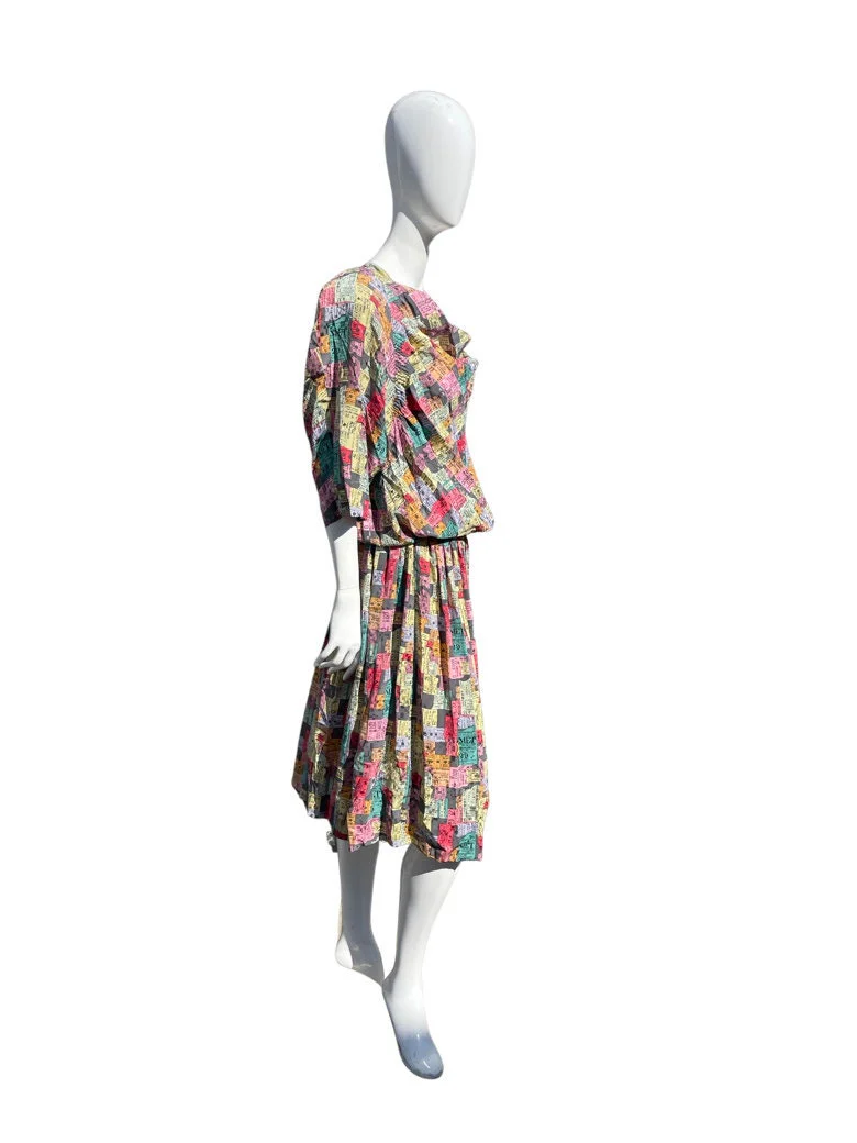Vintage 90s Ticket Stubs Novelty Print Drop Waist Dress Size 12 Silk Dress Pleated by Nicole Miller Nyc - Image 4