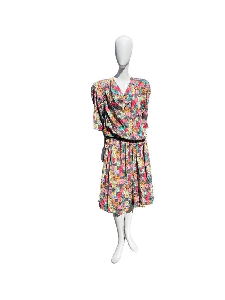 Vintage 90s Ticket Stubs Novelty Print Drop Waist Dress Size 12 Silk Dress Pleated by Nicole Miller Nyc - Image 5
