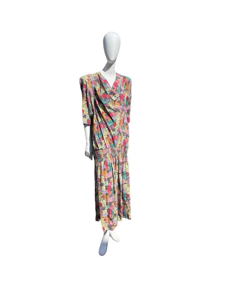 Vintage 90s Ticket Stubs Novelty Print Drop Waist Dress Size 12 Silk Dress Pleated by Nicole Miller Nyc - Image 7