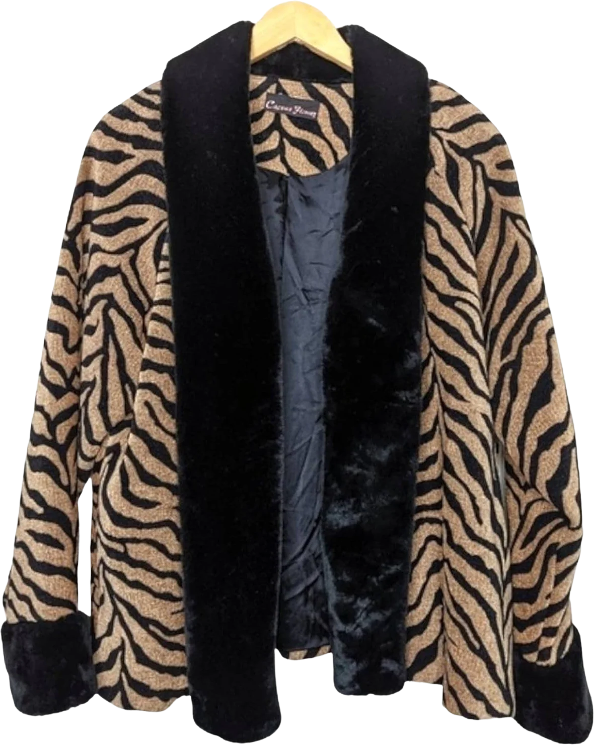 Vintage 90s Tiger Print Tapestry Faux Fur Trim Coat