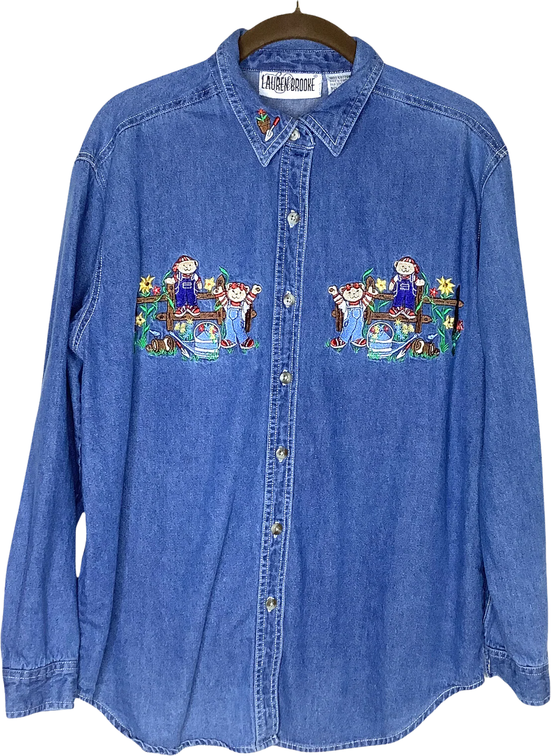 Vintage 90s Top Medium Long Sleeve Chambray Bears Gardening Embroidered Button by Lauren Brooke