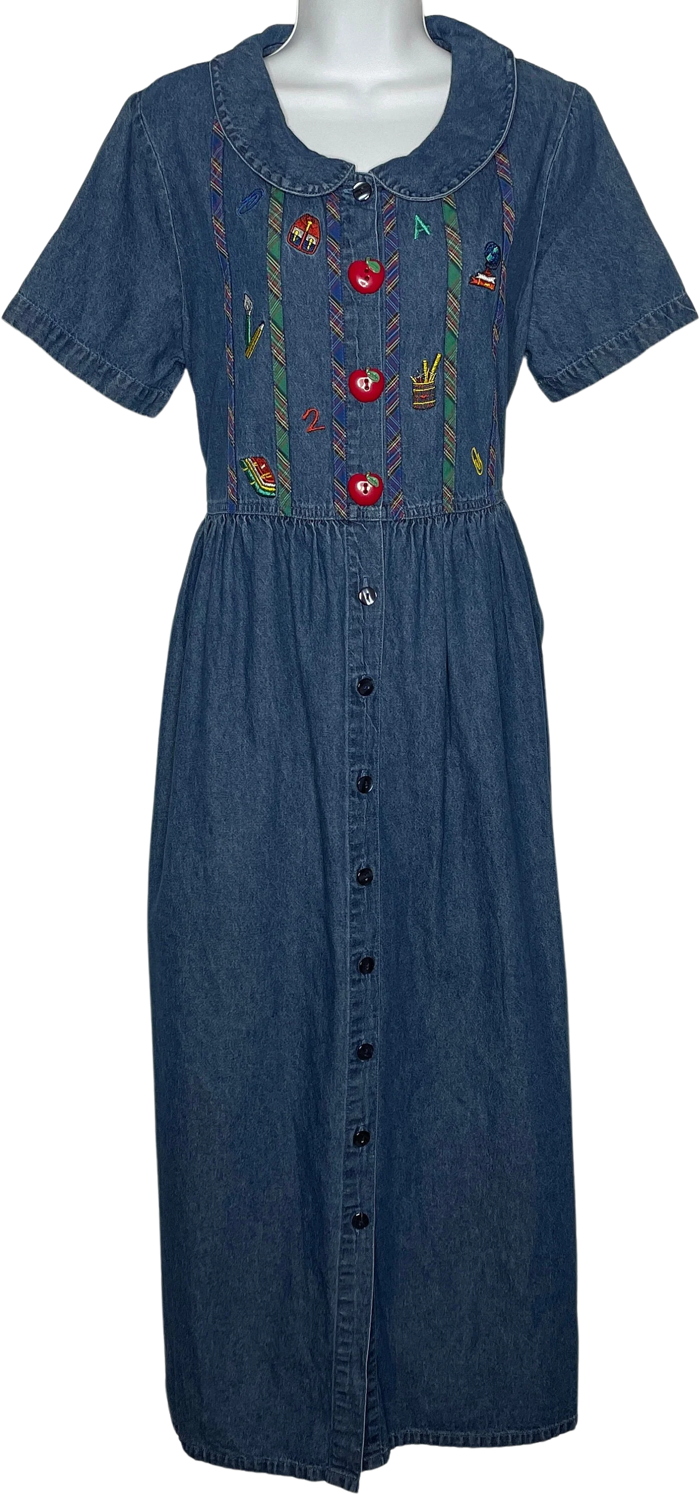Vintage 90s Tr Bentley Embroidered Button Front Denim School Teacher Midi Dress by Tr Bentley