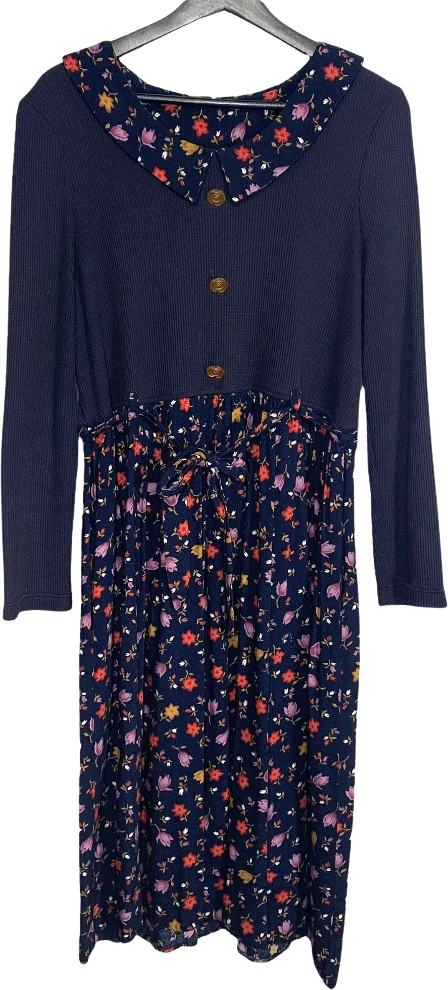 Vintage 90s Waffle Knit Long Sleeve Floral Skirt Midi Dress