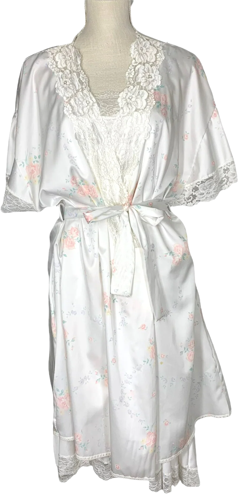 Vintage 90s White Lace Floral Negligee Robe Set Large by Miss Elaine