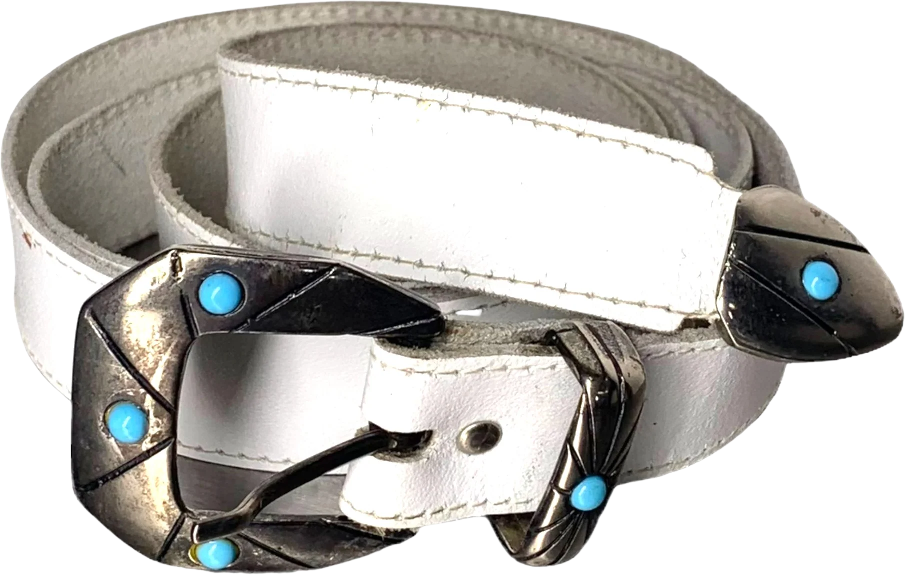 Vintage 90s White Leather Blue Beaded Metal Buckle Belt Medium Large