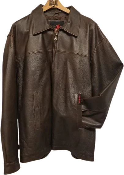 Vintage 90s Winchester Brown Leather Car Coat with Rifles and Shotguns Patches by Winchester