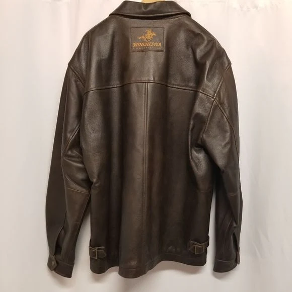 Vintage 90s Winchester Brown Leather Car Coat with Rifles and Shotguns Patches by Winchester - Image 2