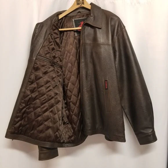 Vintage 90s Winchester Brown Leather Car Coat with Rifles and Shotguns Patches by Winchester - Image 6