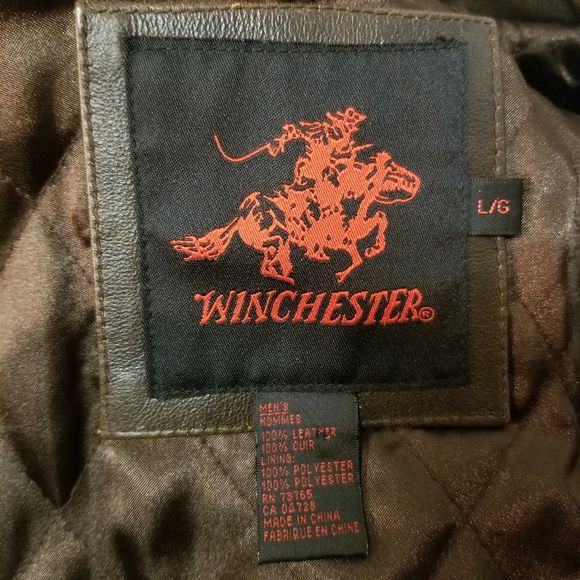 Vintage 90s Winchester Brown Leather Car Coat with Rifles and Shotguns Patches by Winchester - Image 9