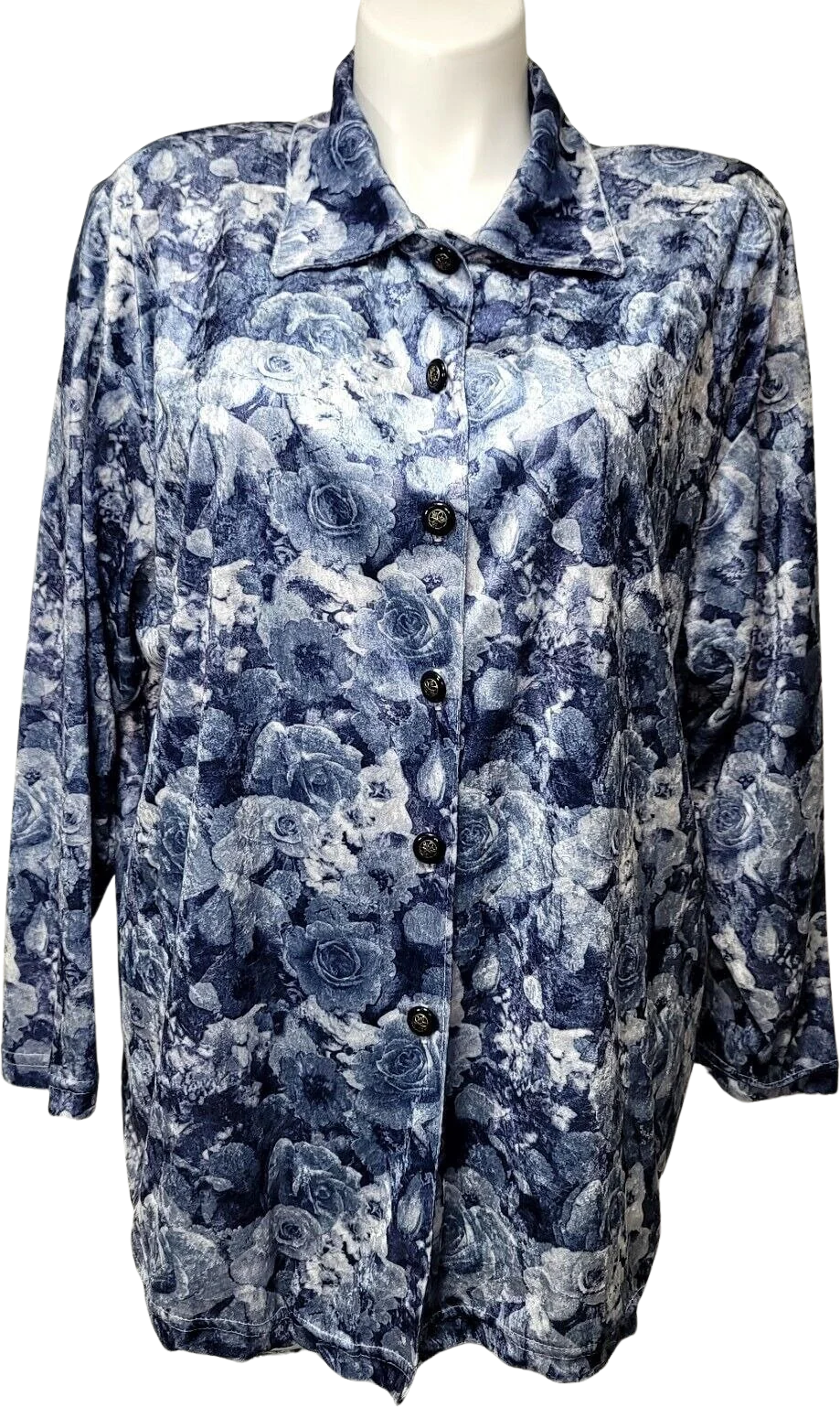 90s Blue Velvet Rose Floral Pattern Button Front Top By Cervelle
