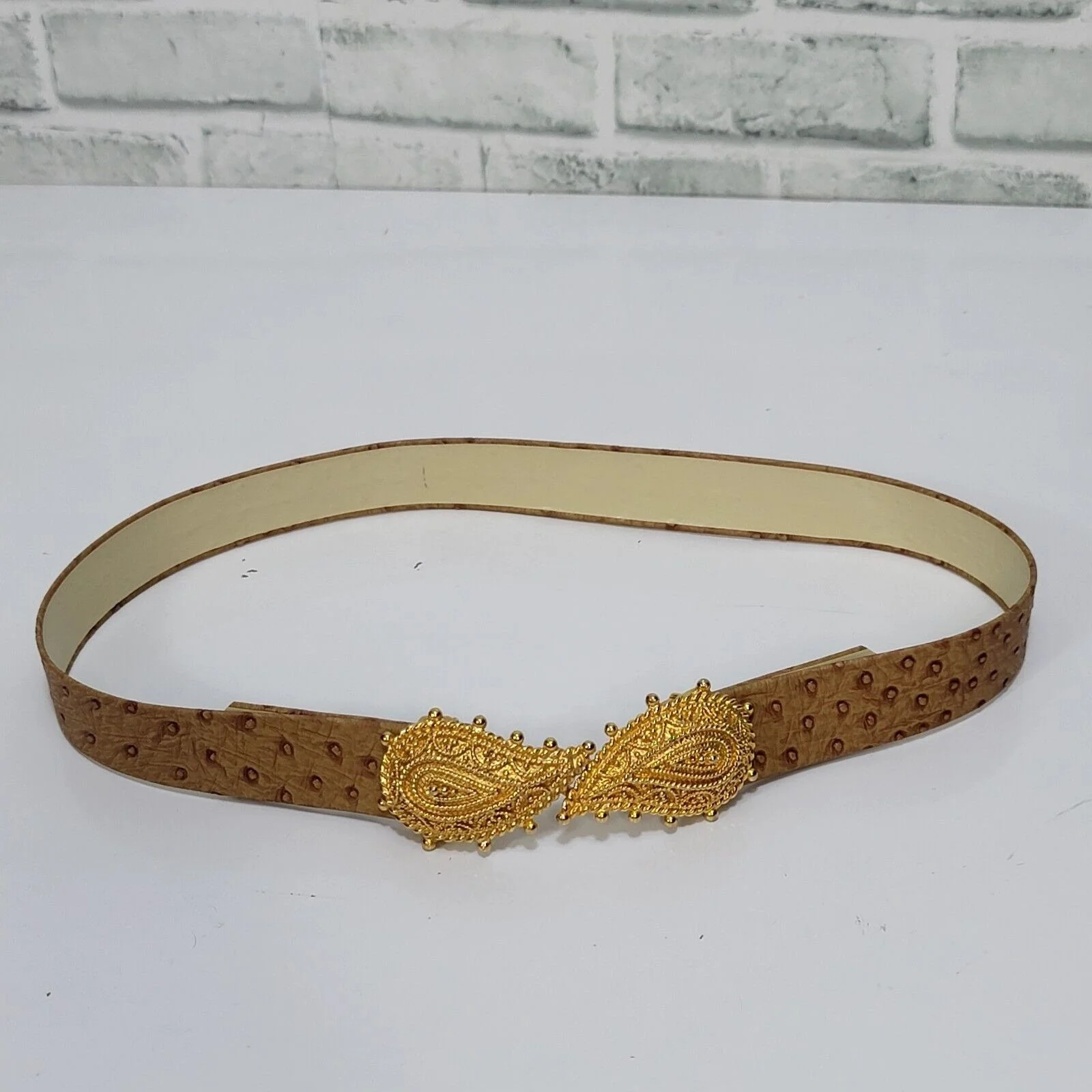 90s Goldtone Paisley Buckle Faux Ostrich Waist Belt By Mimi di N - Image 6