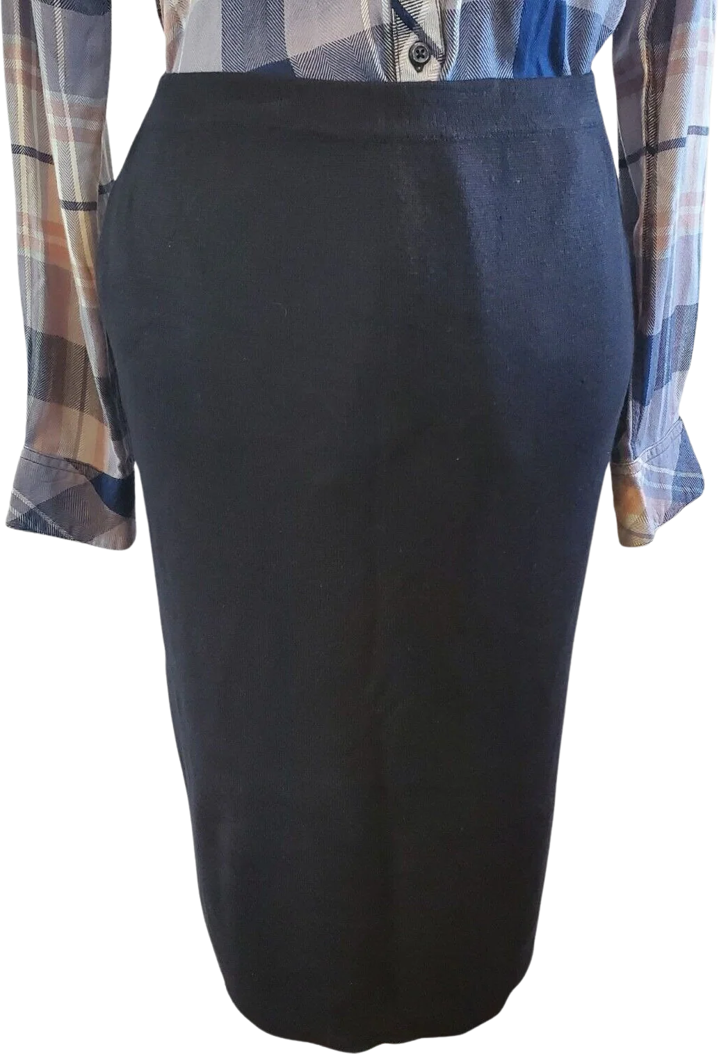 Vintage 90s Womens Navy Blue Knit Knee Length Pencil Skirt Pullon Wool Blend | M Medium Classic Preppy by Louis Dell'Olio