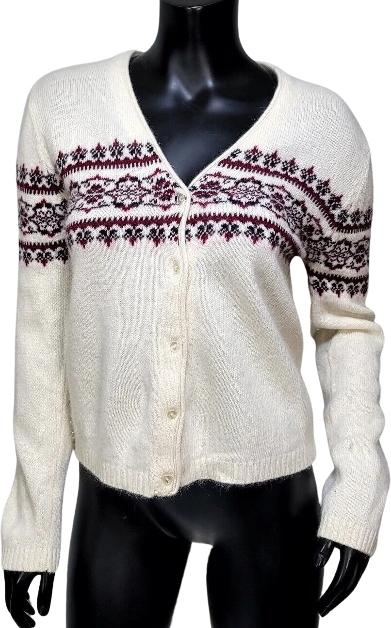 90s Off White Angora Blend Fair Isle Cardigan Sweater By Esprit
