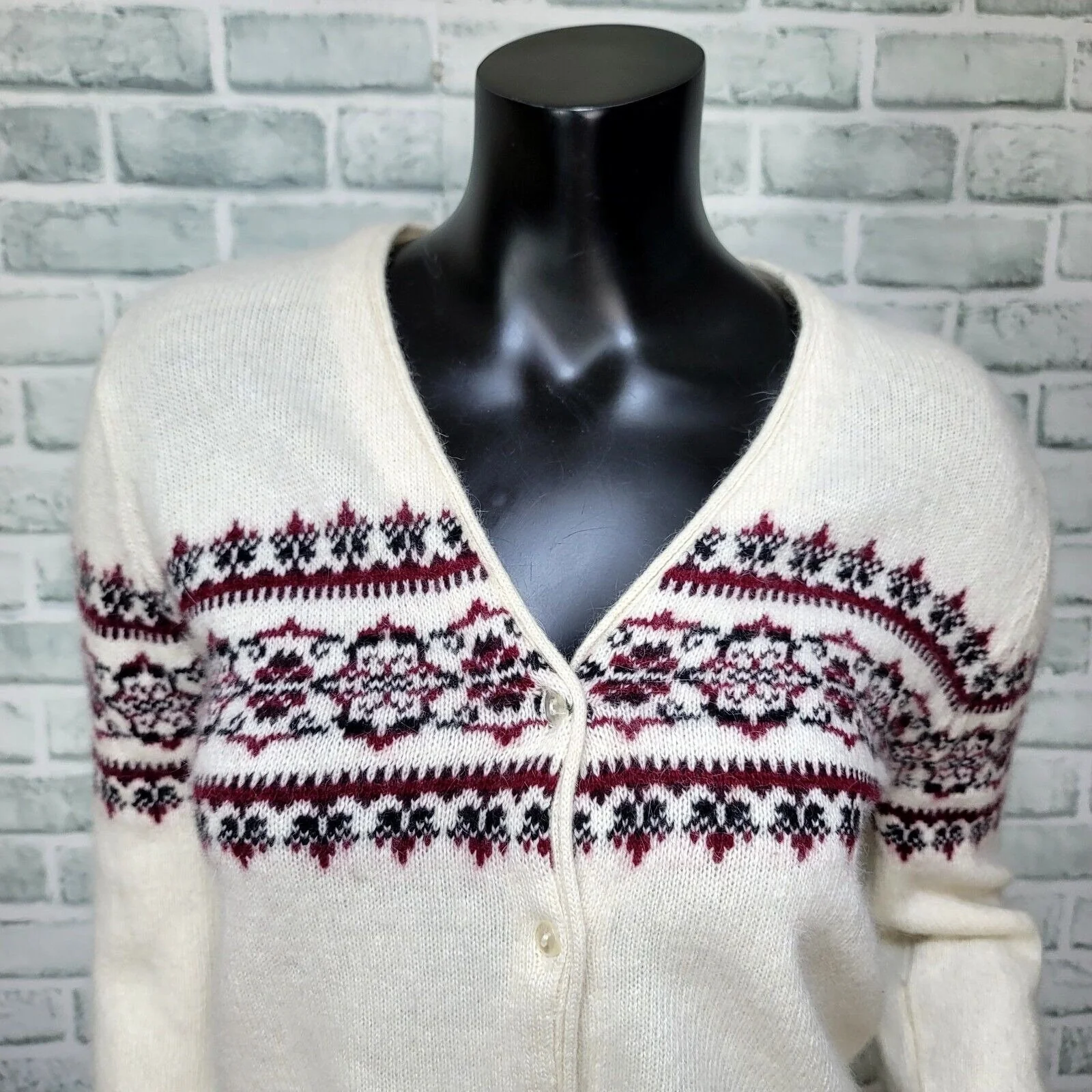 90s Off White Angora Blend Fair Isle Cardigan Sweater By Esprit - Image 3