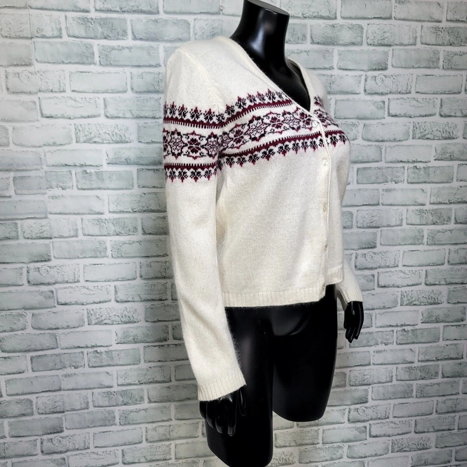 90s Off White Angora Blend Fair Isle Cardigan Sweater By Esprit - Image 4