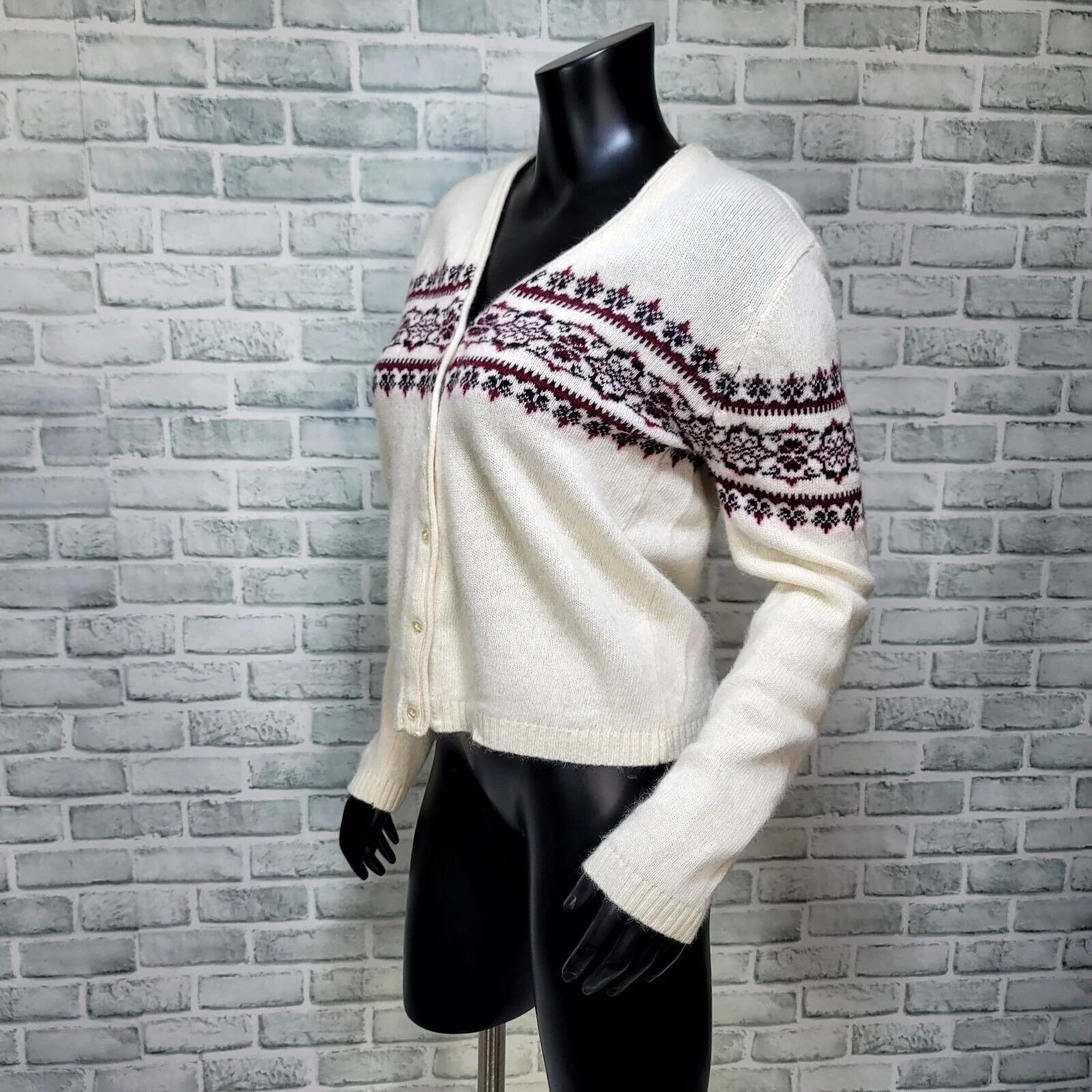 90s Off White Angora Blend Fair Isle Cardigan Sweater By Esprit - Image 5