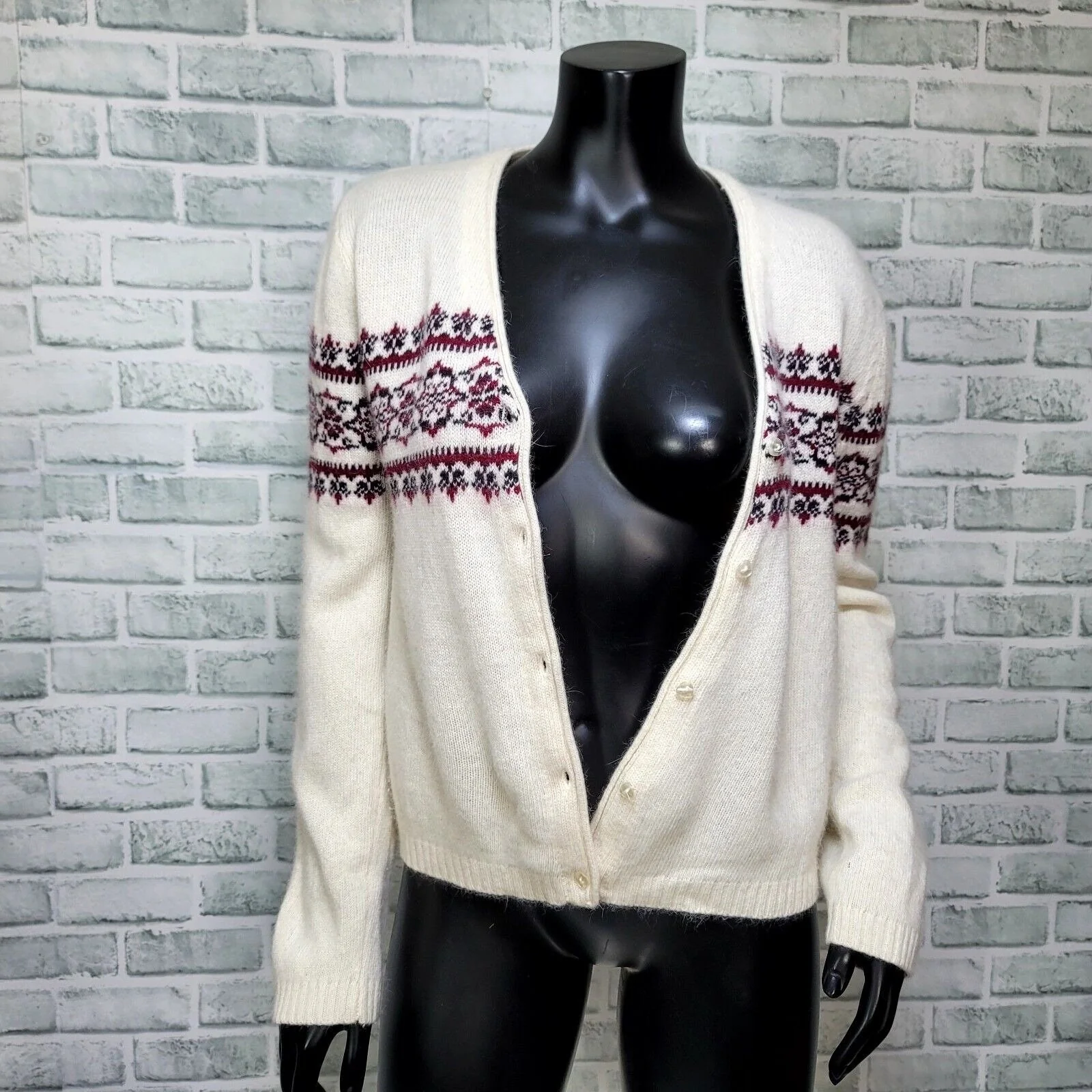 90s Off White Angora Blend Fair Isle Cardigan Sweater By Esprit - Image 7
