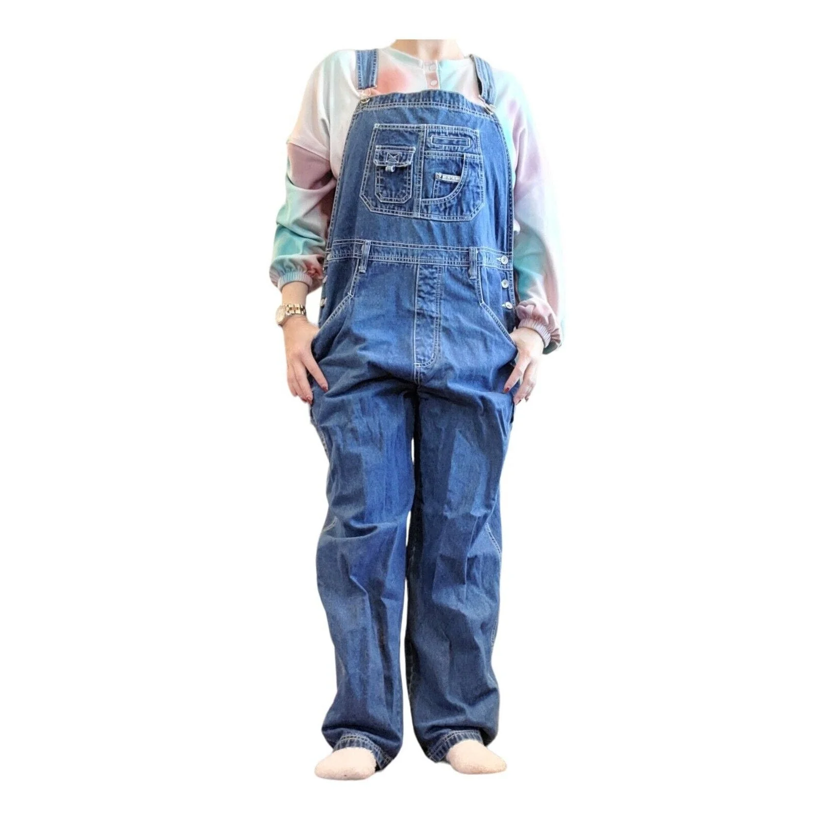 Vintage 90s Womens Sz 1x Overall Denim Jean Cargo Bibs Pockets Grunge Inseam 31 - Image 7