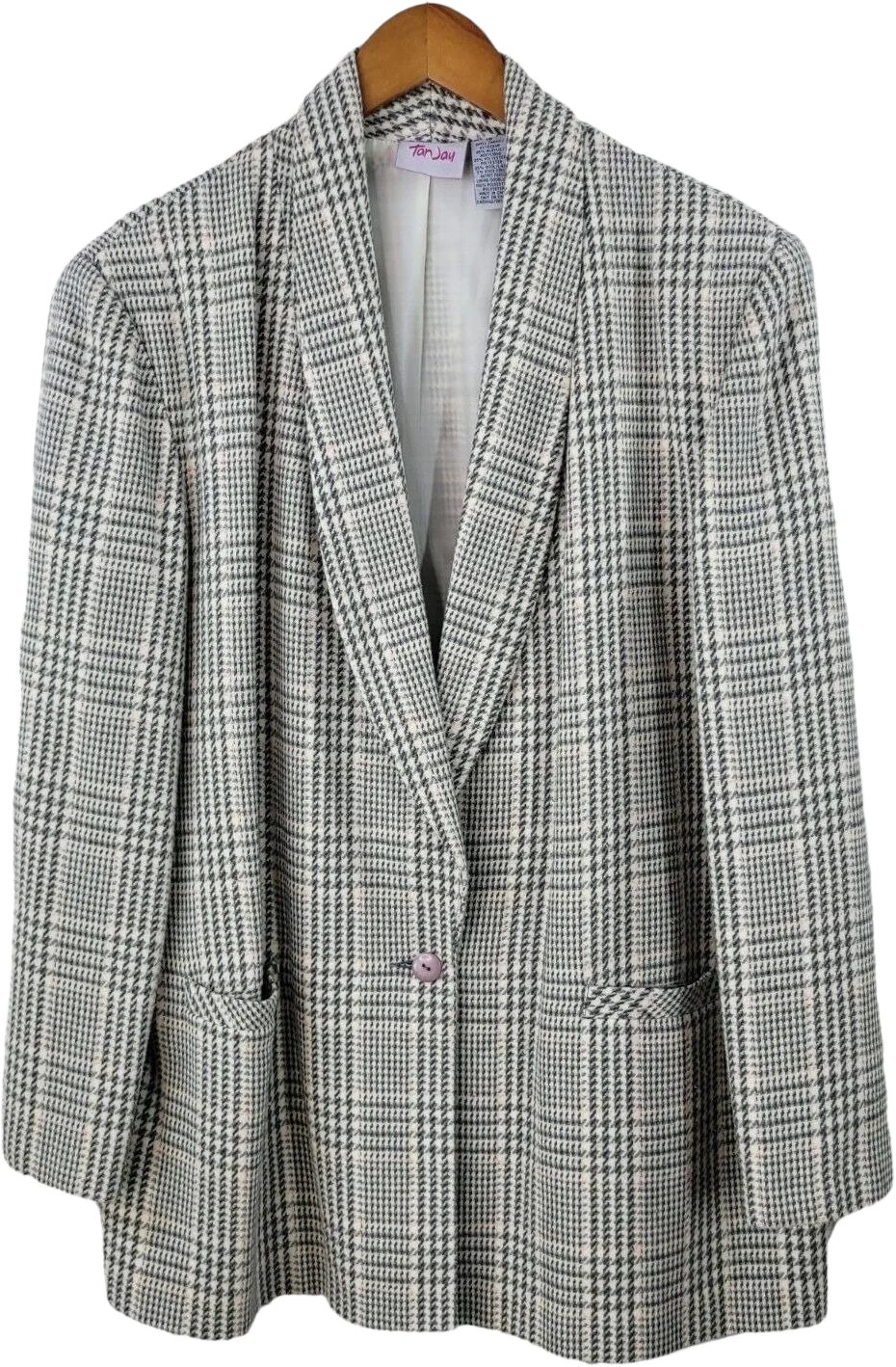 Vintage 90s Wool Tweed Blazer Jacket Size 16 Light/dark Academia Houndstooth by Tan Jay