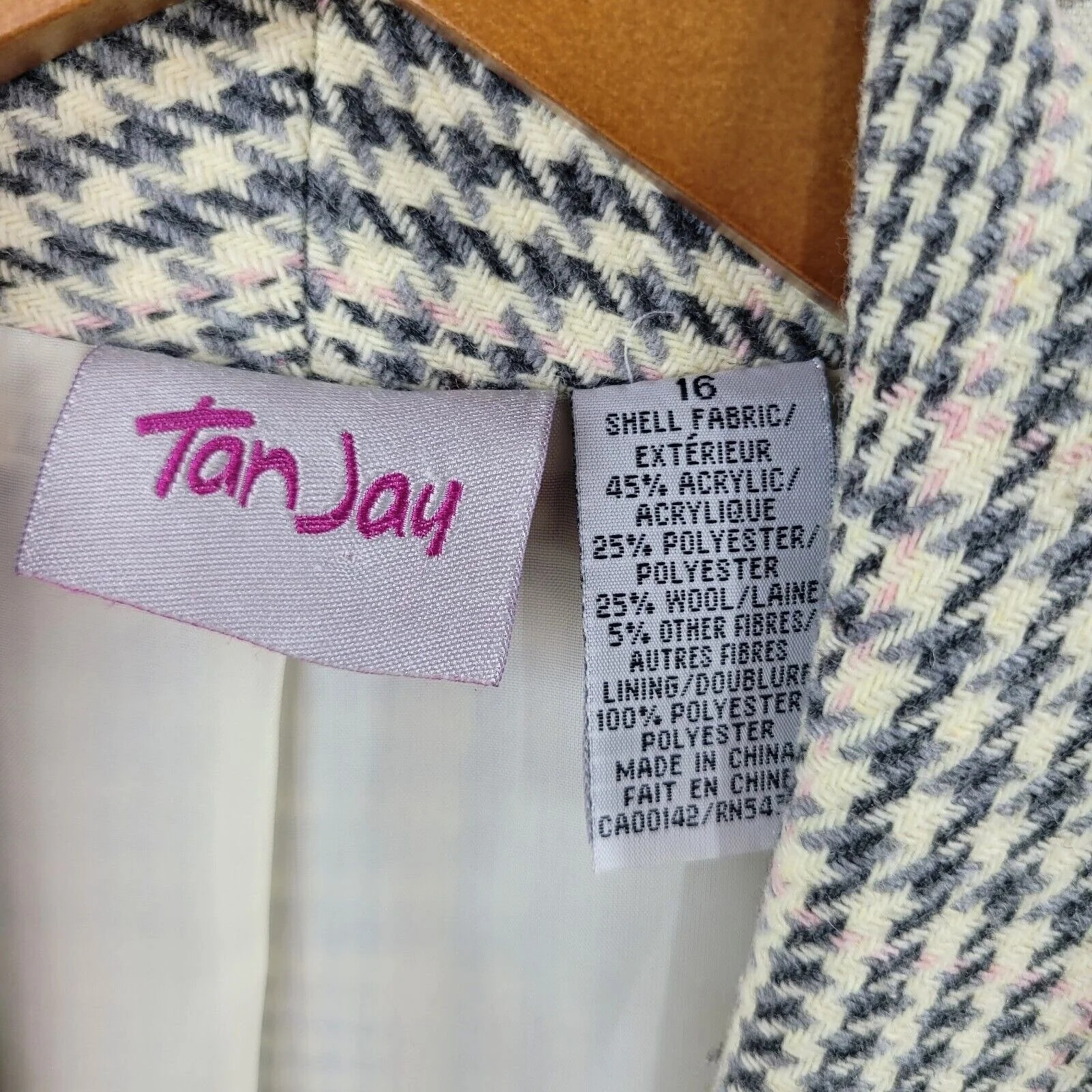Vintage 90s Wool Tweed Blazer Jacket Size 16 Light/dark Academia Houndstooth by Tan Jay - Image 5