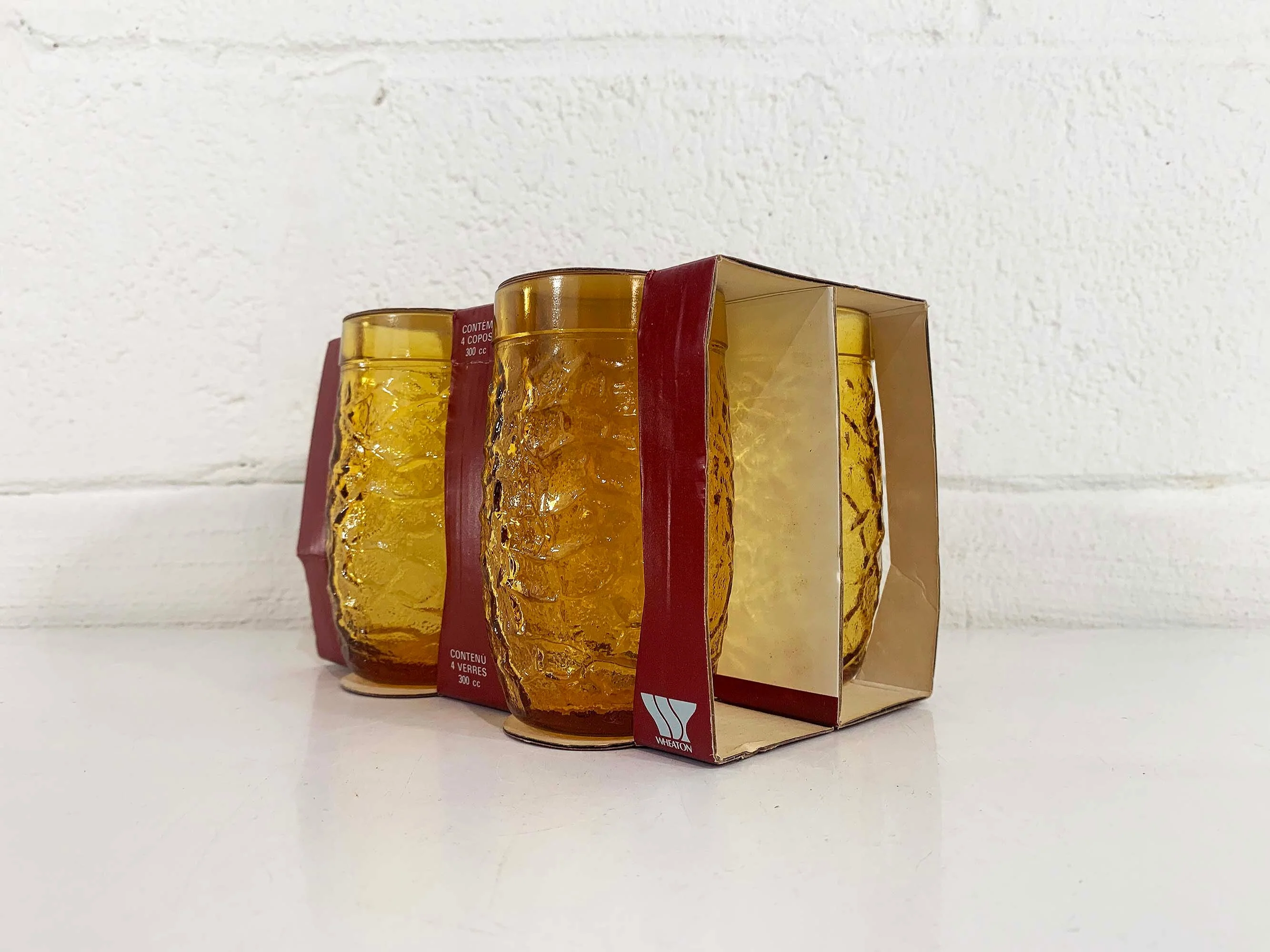 Vintage Amber Glasses Set of 4 Yellow Deadstock Nos Crinkle Mid-Century Barware Cocktail Dinner Party Brazil Line 60s by Wheaton - Image 3
