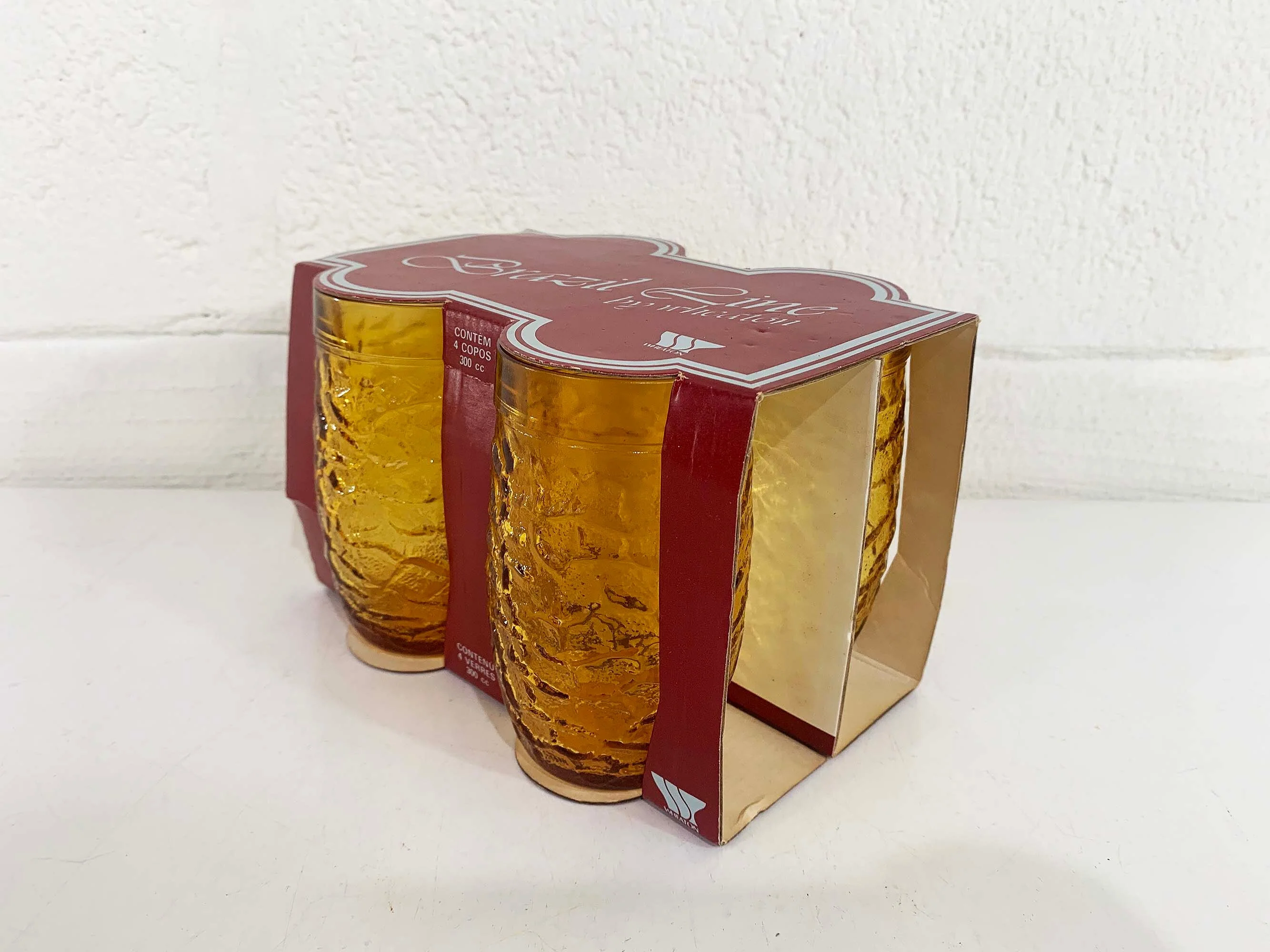Vintage Amber Glasses Set of 4 Yellow Deadstock Nos Crinkle Mid-Century Barware Cocktail Dinner Party Brazil Line 60s by Wheaton - Image 4
