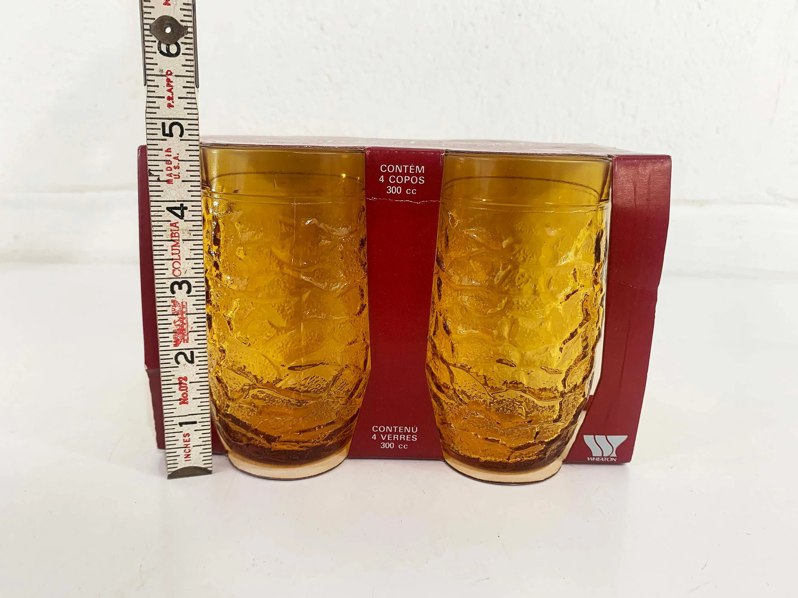 Vintage Amber Glasses Set of 4 Yellow Deadstock Nos Crinkle Mid-Century Barware Cocktail Dinner Party Brazil Line 60s by Wheaton - Image 8