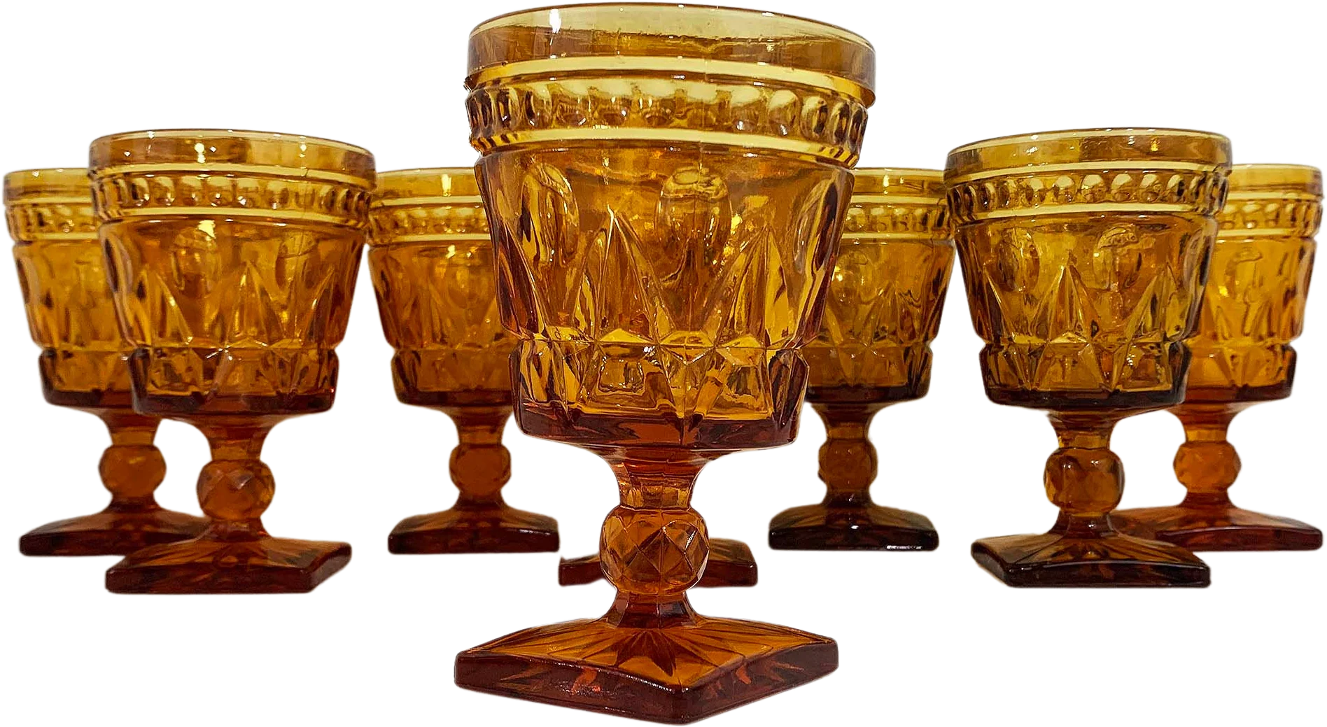 Vintage Amber Water Glasses Square Base Goblet Set of 8 Golden Yellow Indiana Glass Wine Mcm Mid-Century 70s by Park Lane