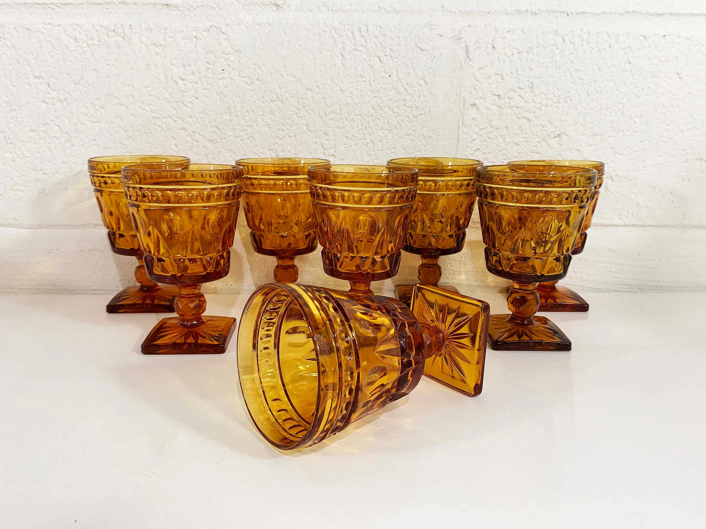 Vintage Amber Water Glasses Square Base Goblet Set of 8 Golden Yellow Indiana Glass Wine Mcm Mid-Century 70s by Park Lane - Image 2