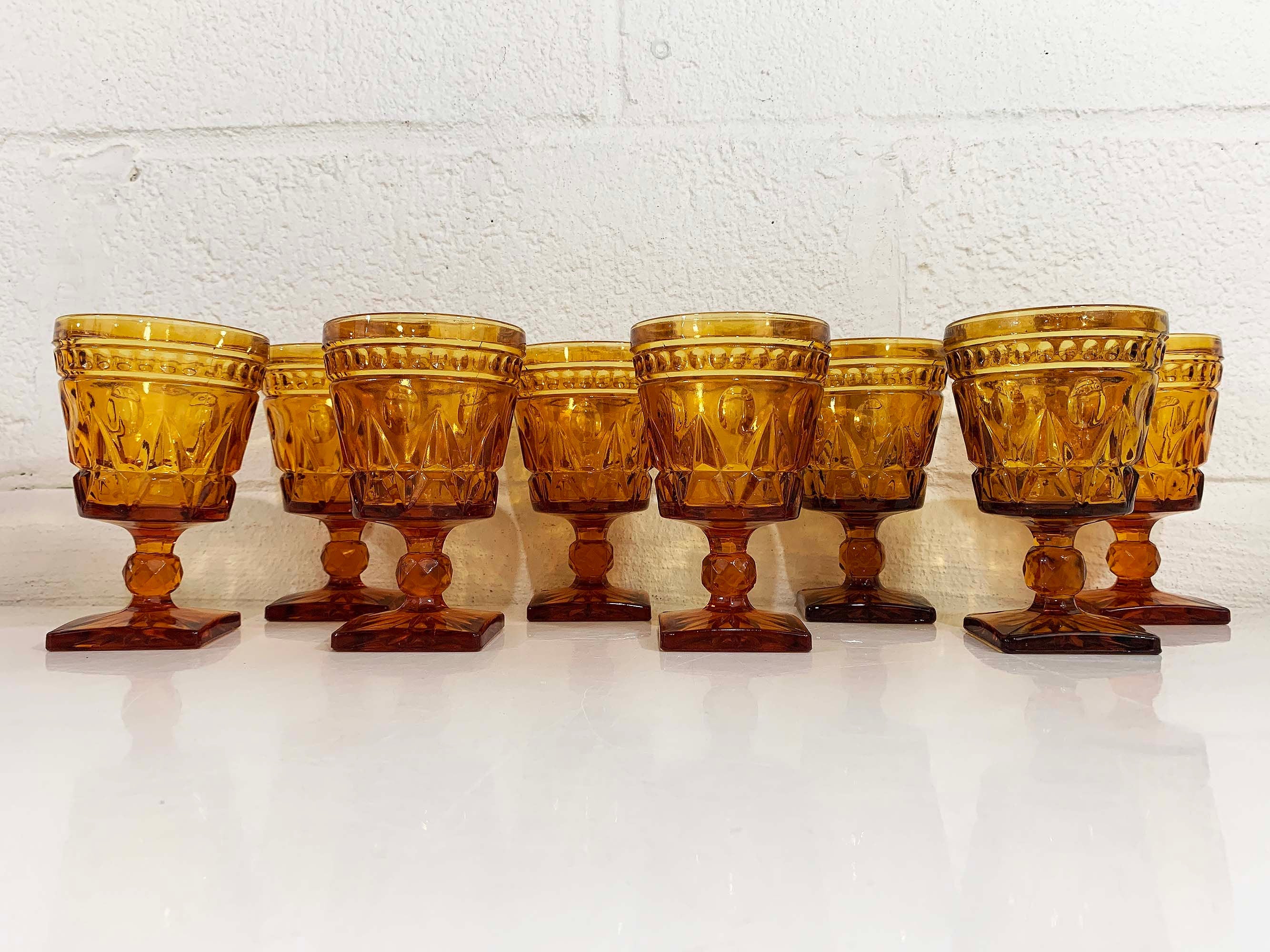 Vintage Amber Water Glasses Square Base Goblet Set of 8 Golden Yellow Indiana Glass Wine Mcm Mid-Century 70s by Park Lane - Image 3