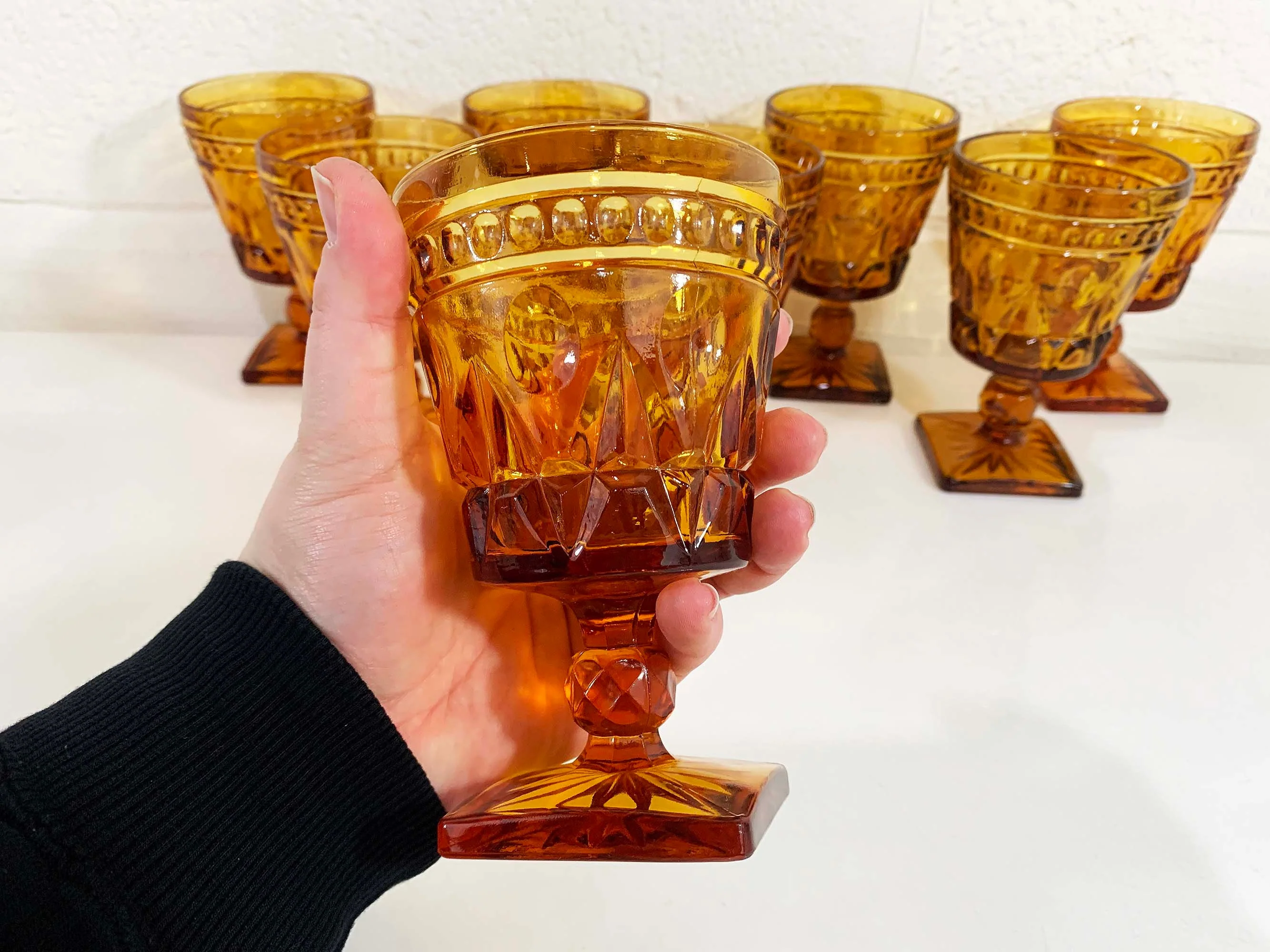 Vintage Amber Water Glasses Square Base Goblet Set of 8 Golden Yellow Indiana Glass Wine Mcm Mid-Century 70s by Park Lane - Image 6