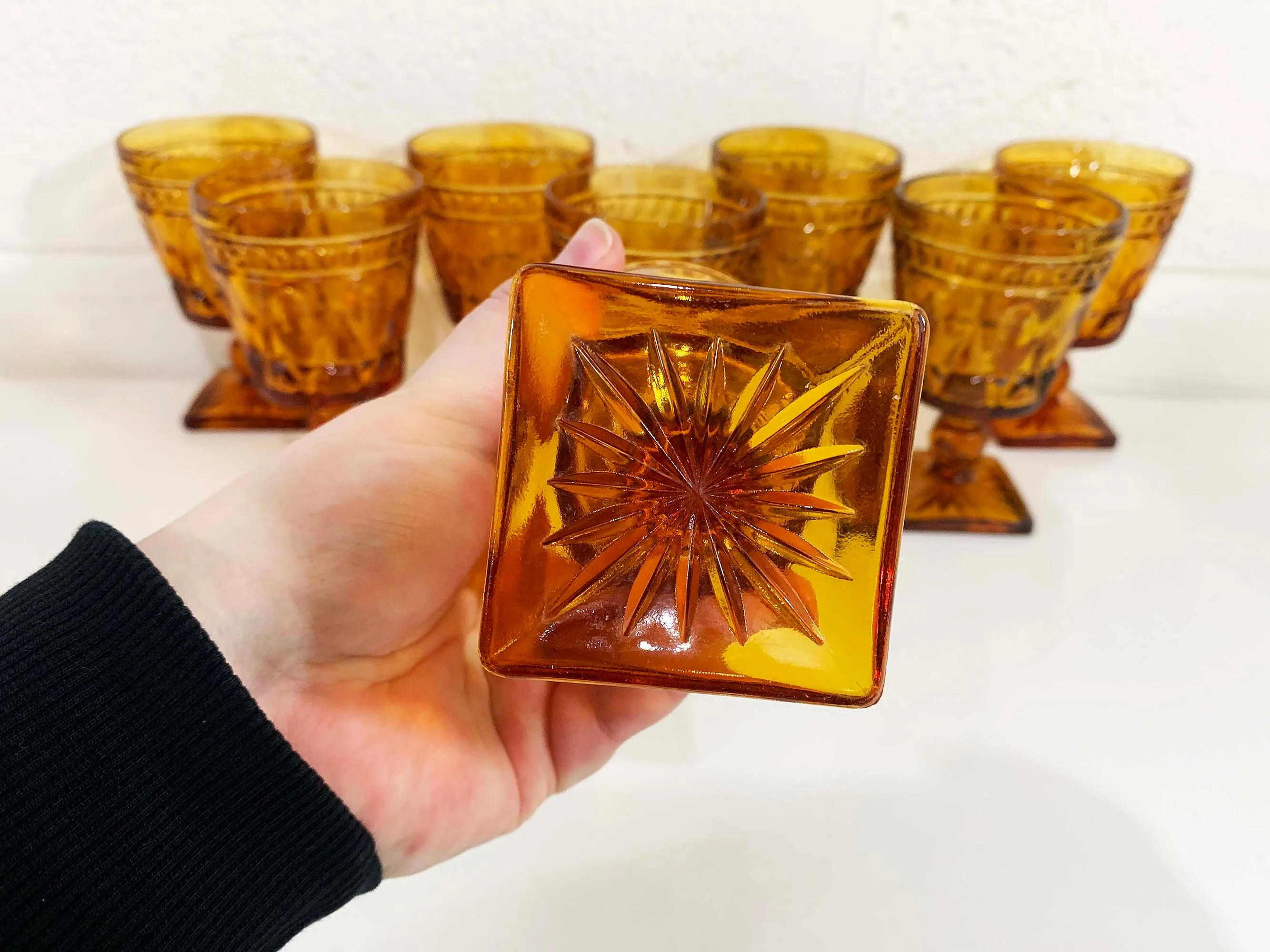 Vintage Amber Water Glasses Square Base Goblet Set of 8 Golden Yellow Indiana Glass Wine Mcm Mid-Century 70s by Park Lane - Image 8