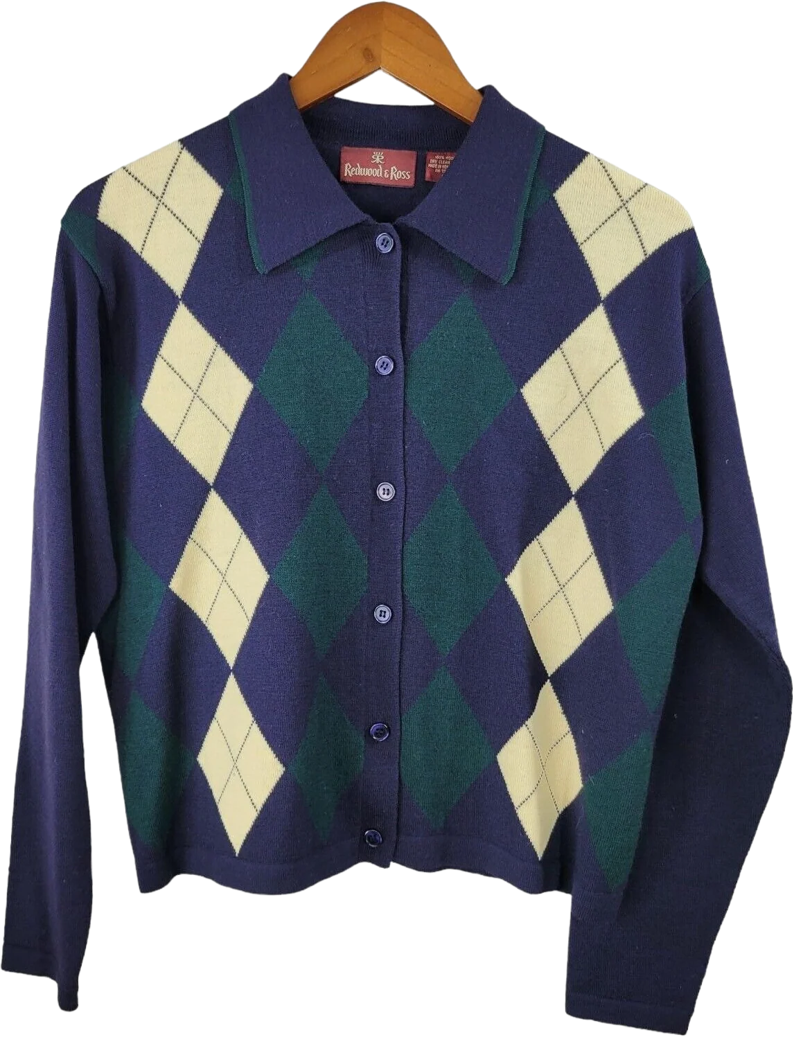 Vintage Argyle 100% Wool Cardigan Sweater Size Medium Dark Academia Blue Golf by Redwood & Ross