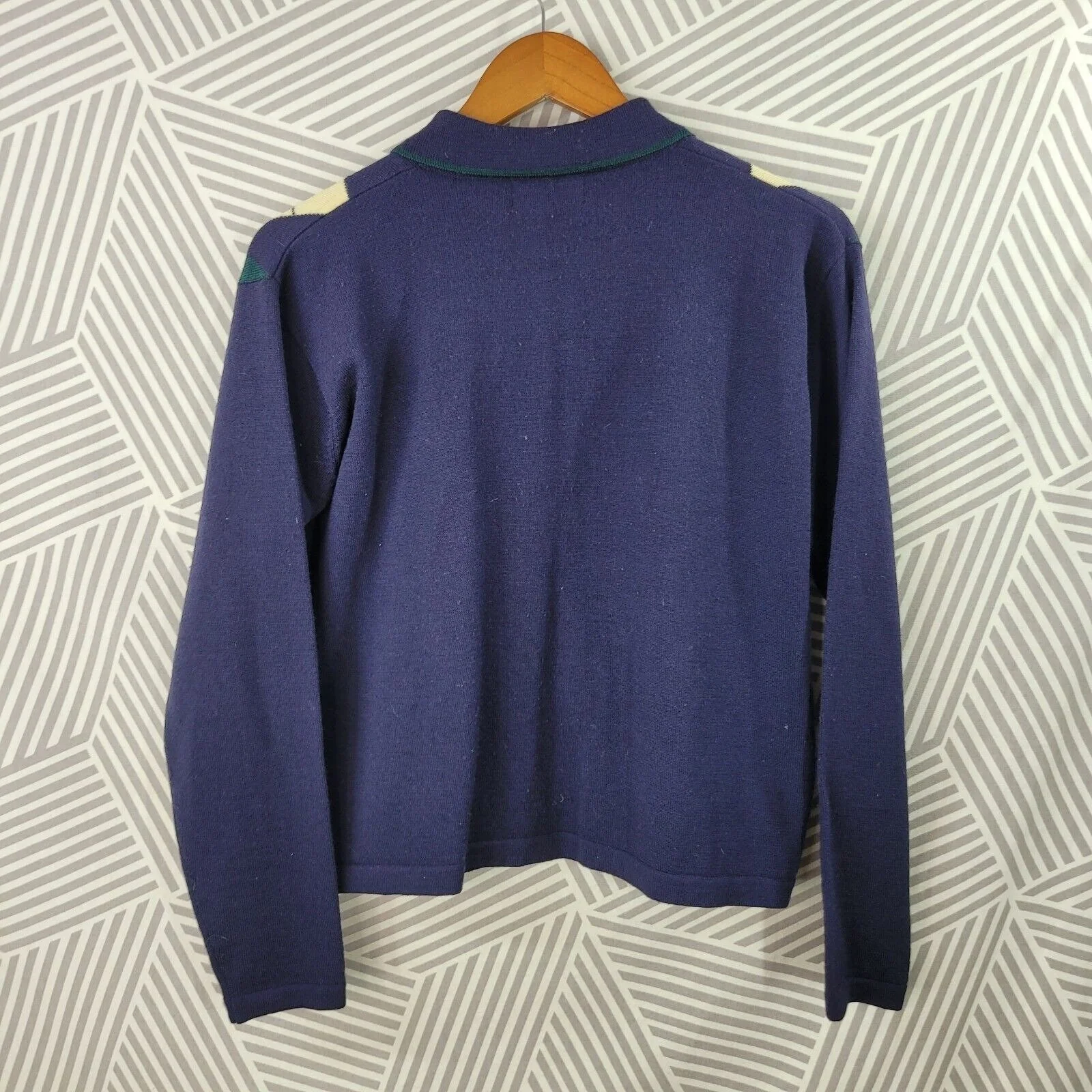 Vintage Argyle 100% Wool Cardigan Sweater Size Medium Dark Academia Blue Golf by Redwood & Ross - Image 2