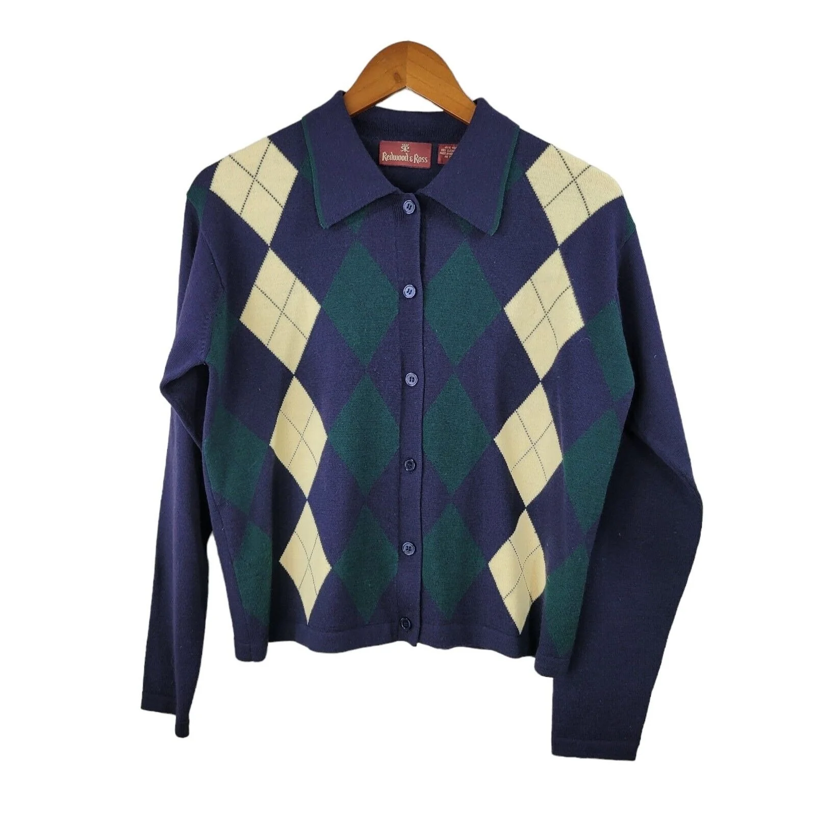 Vintage Argyle 100% Wool Cardigan Sweater Size Medium Dark Academia Blue Golf by Redwood & Ross - Image 3