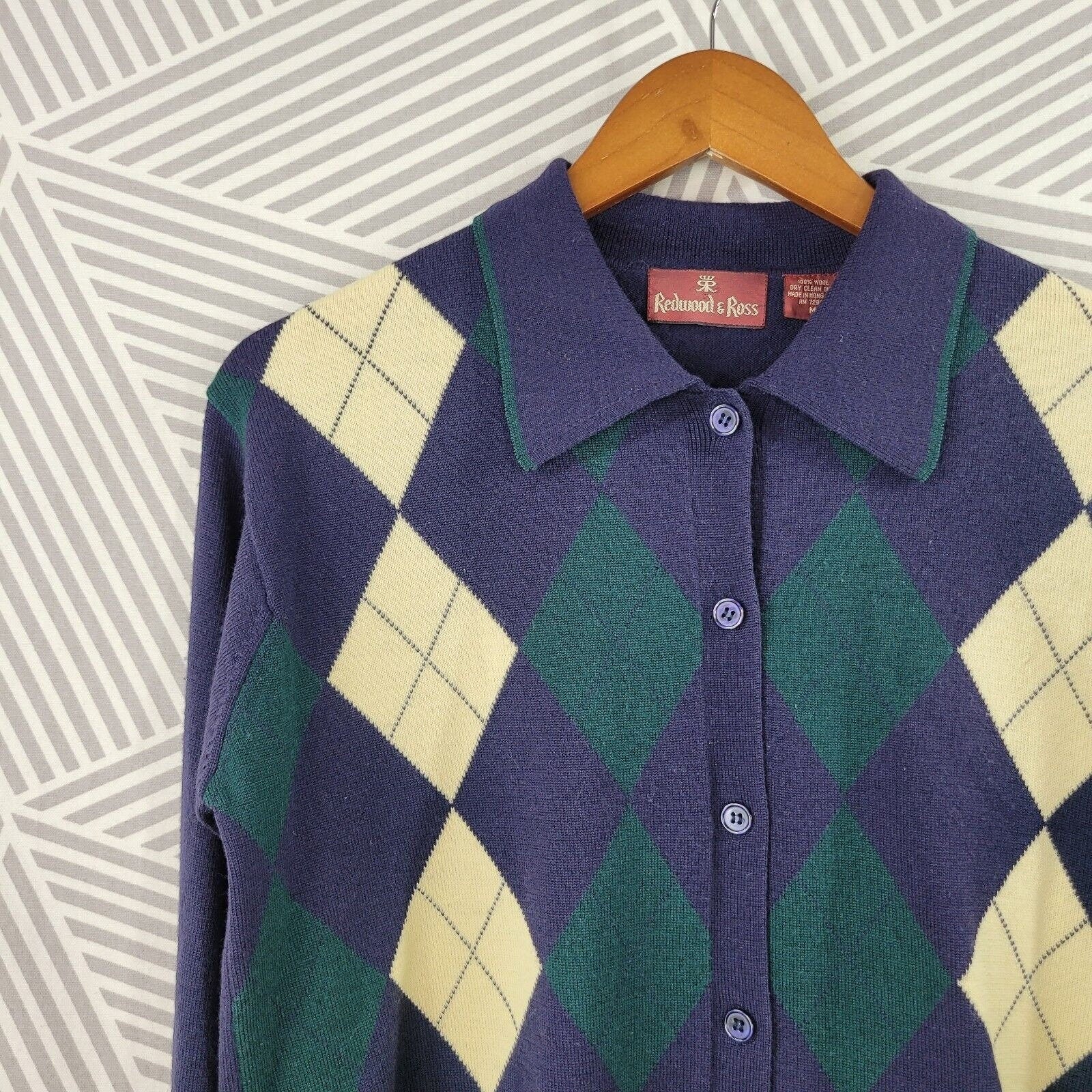 Vintage Argyle 100% Wool Cardigan Sweater Size Medium Dark Academia Blue Golf by Redwood & Ross - Image 4