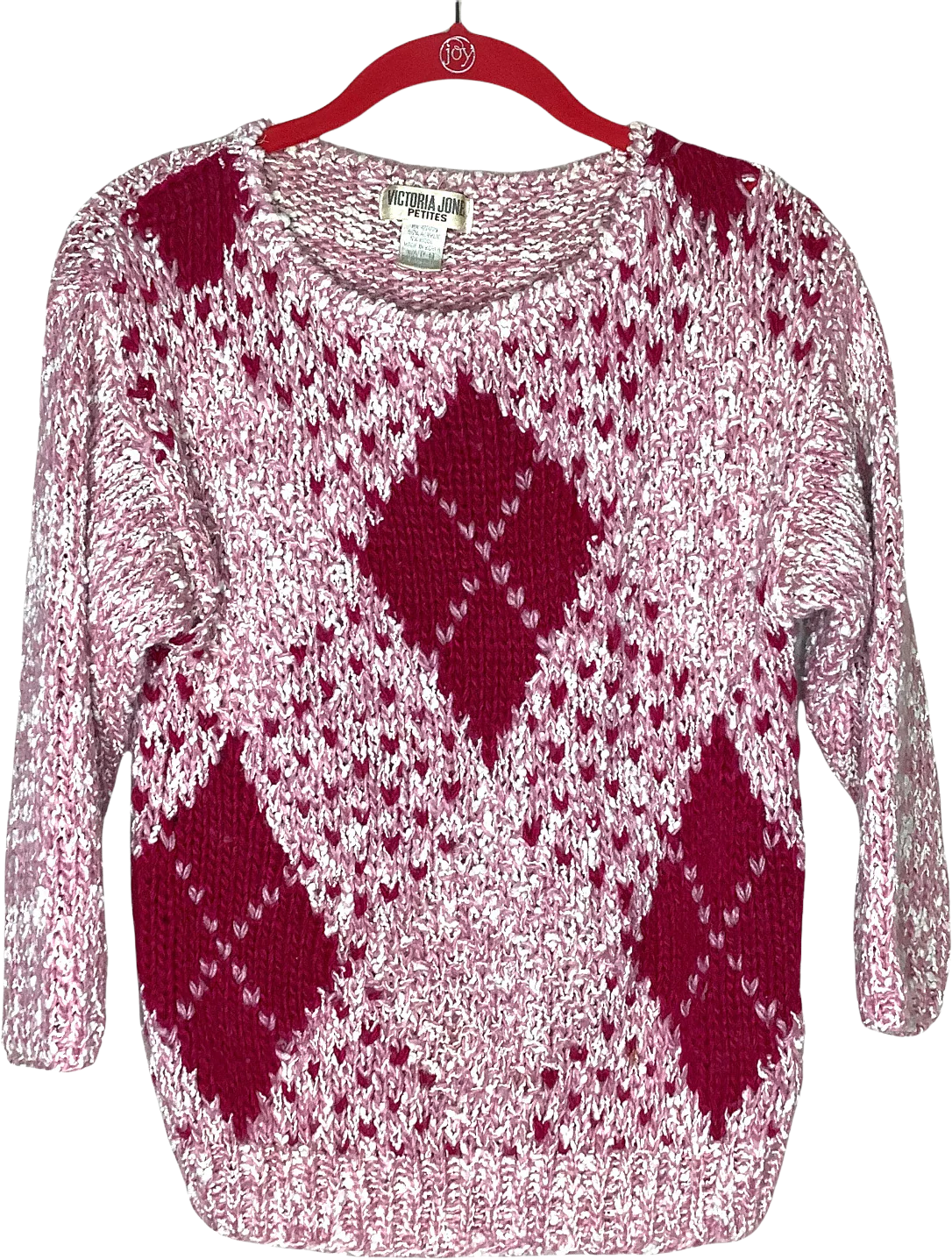 Vintage Argyle Sweater 80s 90s Fairy Preppy Chunky Knit Quarter Length Sleeve Wool Blend Ps by Victoria Jones