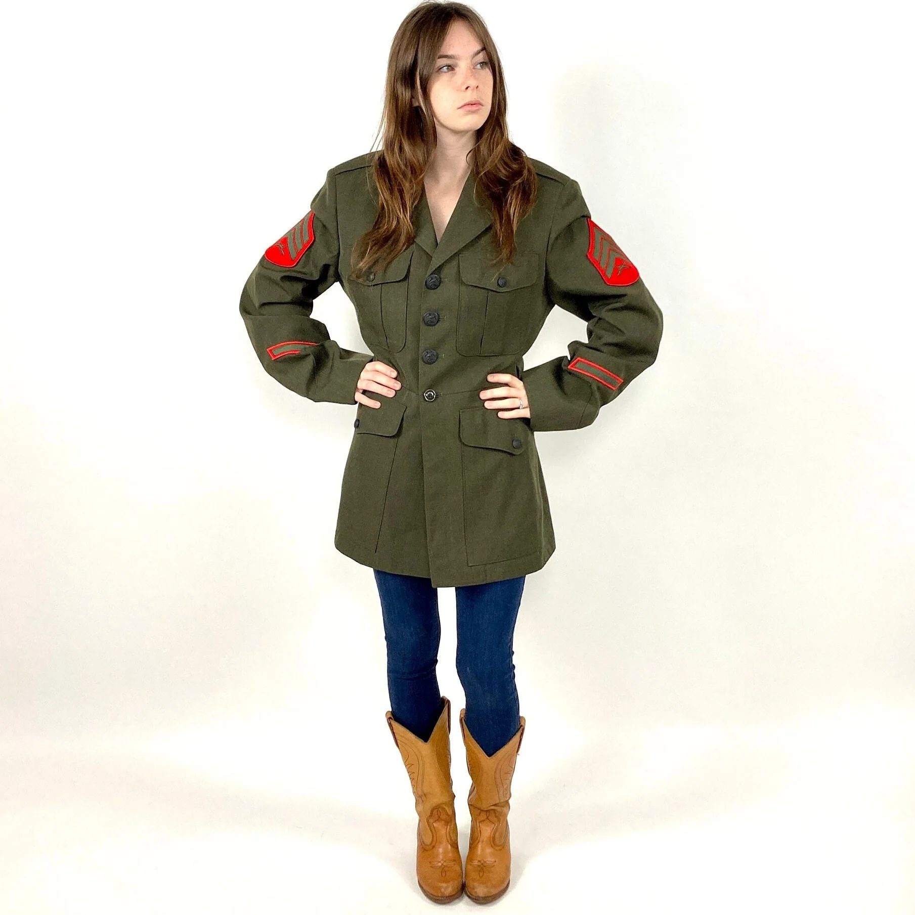 Vintage Army Green Military Jacket Button Fitted Blazer Jacket Preppy Band Vintage Dress Jacket by Crown Clothing Company - Image 6